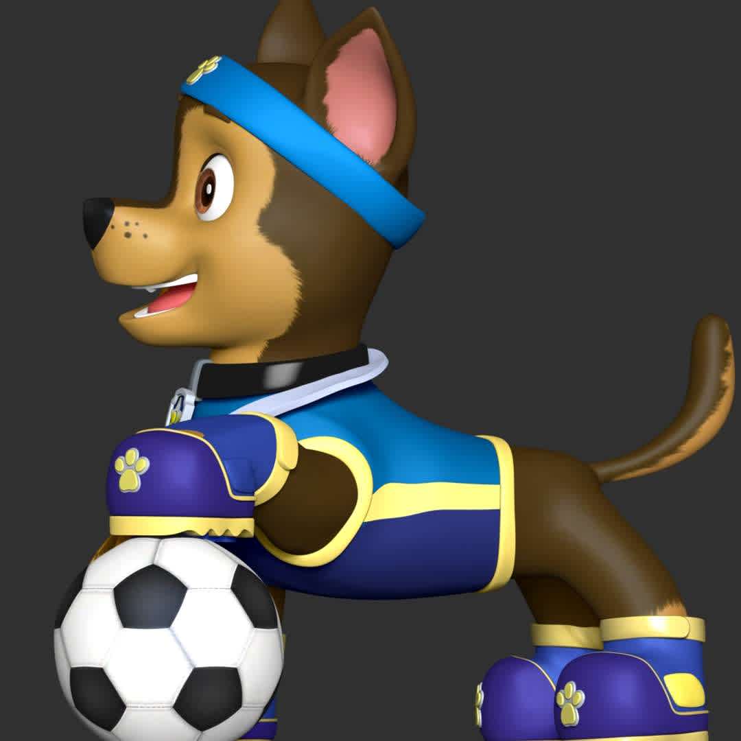 Chase sports Uniform  - Paw patrol  - These information of model:

**- The height of current model is 20 cm and you can free to scale it.**

**- Format files: STL, OBJ to supporting 3D printing.**

Please don't hesitate to contact me if you have any issues question. - The best files for 3D printing in the world. Stl models divided into parts to facilitate 3D printing. All kinds of characters, decoration, cosplay, prosthetics, pieces. Quality in 3D printing. Affordable 3D models. Low cost. Collective purchases of 3D files.