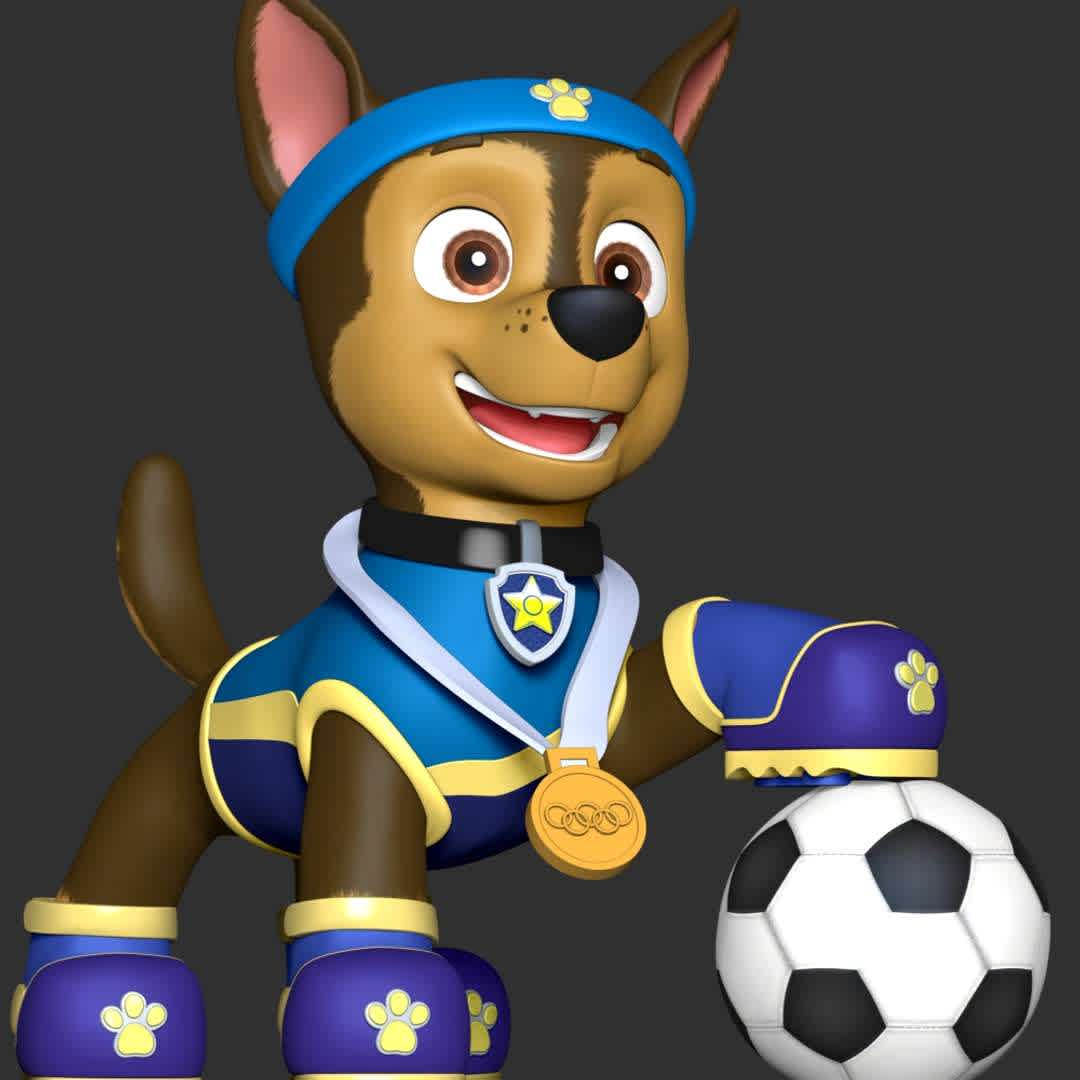 Chase sports Uniform  - Paw patrol  - These information of model:

**- The height of current model is 20 cm and you can free to scale it.**

**- Format files: STL, OBJ to supporting 3D printing.**

Please don't hesitate to contact me if you have any issues question. - The best files for 3D printing in the world. Stl models divided into parts to facilitate 3D printing. All kinds of characters, decoration, cosplay, prosthetics, pieces. Quality in 3D printing. Affordable 3D models. Low cost. Collective purchases of 3D files.