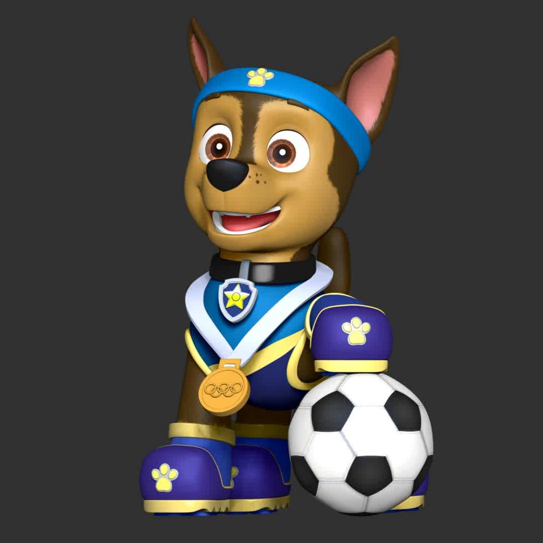 Chase sports Uniform  - Paw patrol  - These information of model:

**- The height of current model is 20 cm and you can free to scale it.**

**- Format files: STL, OBJ to supporting 3D printing.**

Please don't hesitate to contact me if you have any issues question. - The best files for 3D printing in the world. Stl models divided into parts to facilitate 3D printing. All kinds of characters, decoration, cosplay, prosthetics, pieces. Quality in 3D printing. Affordable 3D models. Low cost. Collective purchases of 3D files.