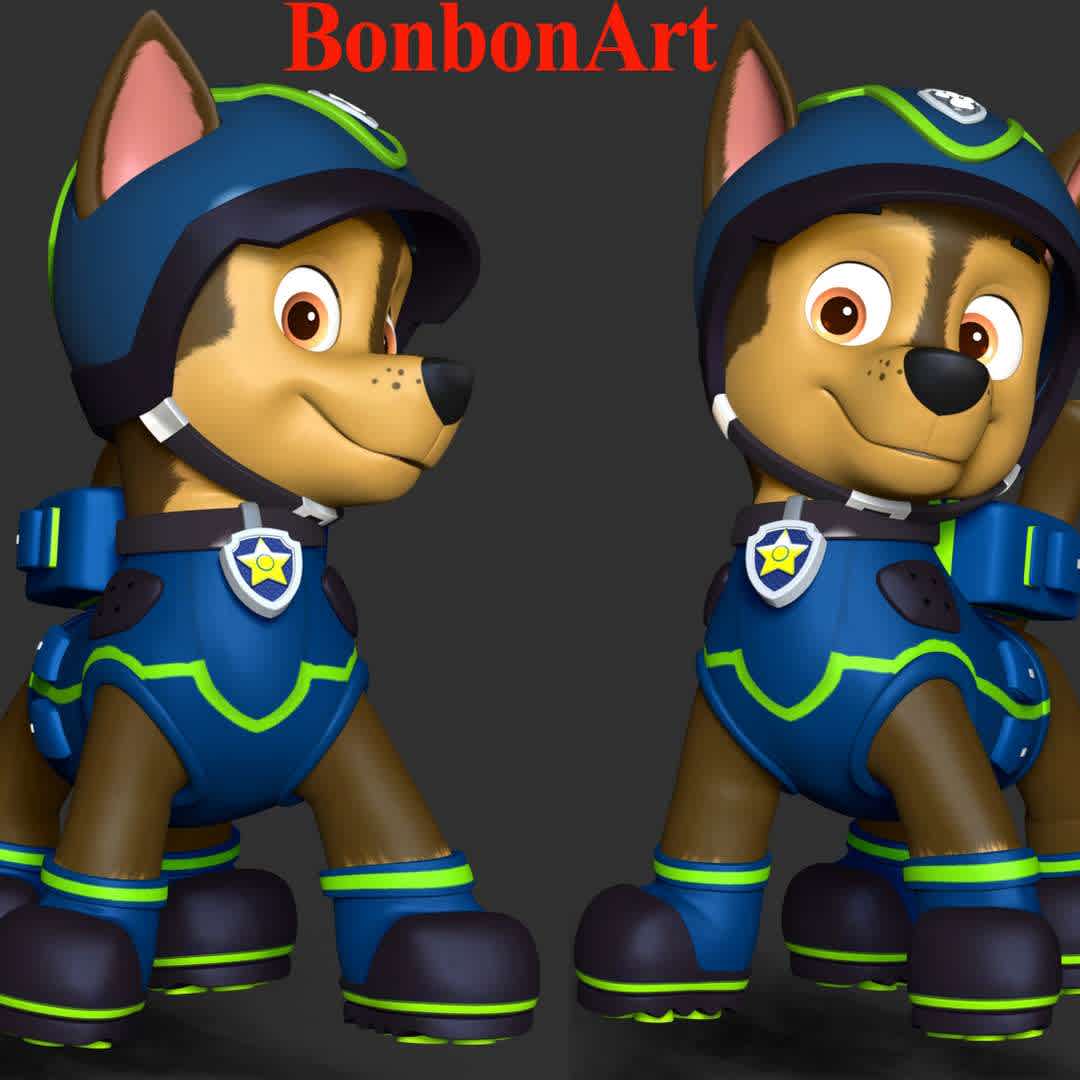 Chase Spy - **Chase is one of the seven main protagonists in the PAW Patrol series. He is a German Shepherd puppy and the 2nd member of the PAW Patrol. He is a police and traffic cop dog and a super spy police dog as of Season 2. **

**These informations basic of this model:**

- The model ready for 3D printing.
- The model current size is 20cm height, but you are free to scale it.
- Files format: STL, OBJ (included 02 separated files is ready for 3D printing).
- Also includes Zbrush original file (ZTL) for you to customize as you like.

Hope you like it.
If you have any questions please don't hesitate to contact me. I will respond you ASAP. - Os melhores arquivos para impressão 3D do mundo. Modelos stl divididos em partes para facilitar a impressão 3D. Todos os tipos de personagens, decoração, cosplay, próteses, peças. Qualidade na impressão 3D. Modelos 3D com preço acessível. Baixo custo. Compras coletivas de arquivos 3D.