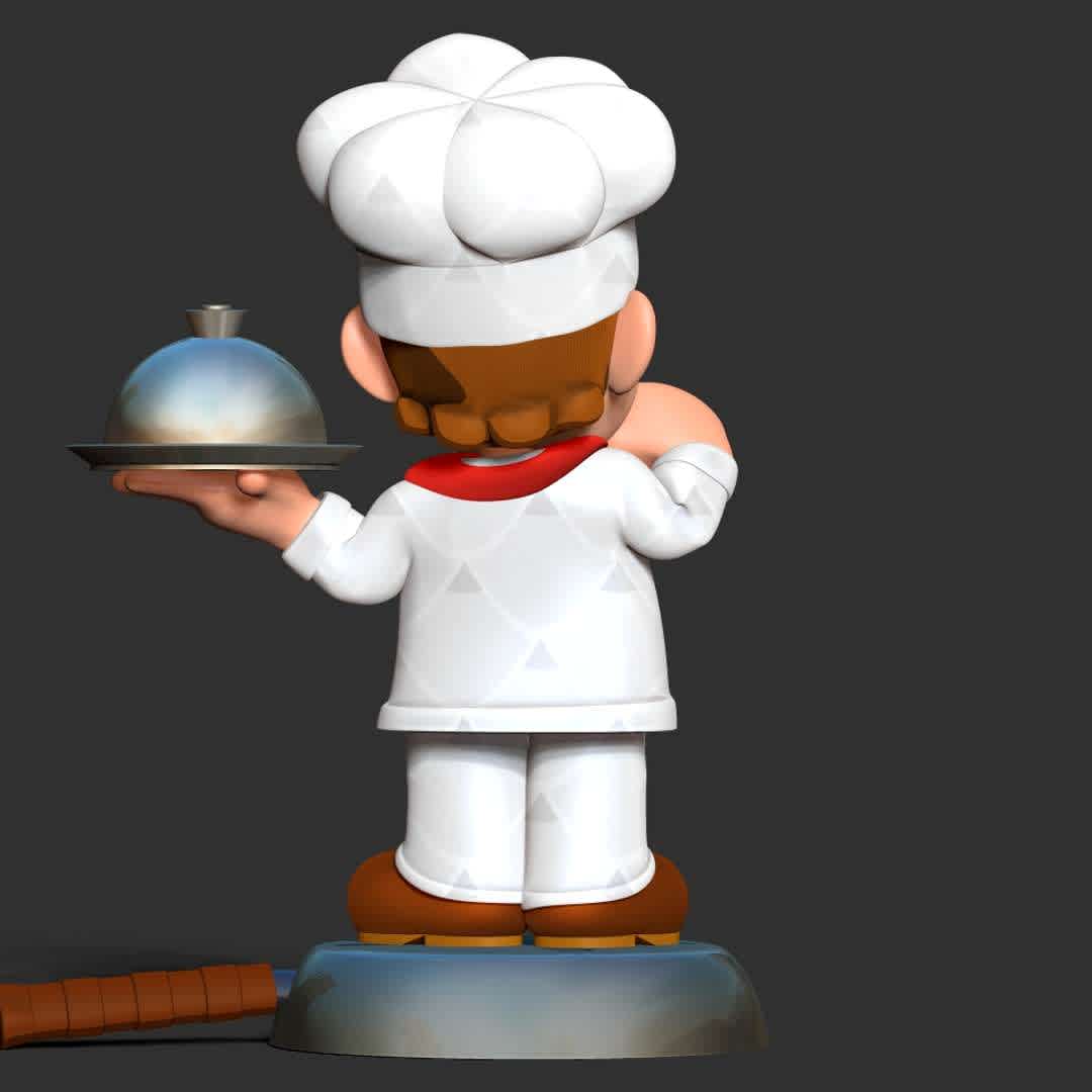 Chef Mario - "Mario (Chef) is a playable character in the Mario Kart franchise. His first appearance is in Mario Kart Tour."

Basic parameters:

- STL format for 3D printing with 04 discrete objects
- Model height: 20 cm
- Version 1.0 - Polygons: 1758084 & Vertices: 1024071

Model ready for 3D printing.

Please vote positively for me if you find this model useful. - Os melhores arquivos para impressão 3D do mundo. Modelos stl divididos em partes para facilitar a impressão 3D. Todos os tipos de personagens, decoração, cosplay, próteses, peças. Qualidade na impressão 3D. Modelos 3D com preço acessível. Baixo custo. Compras coletivas de arquivos 3D.