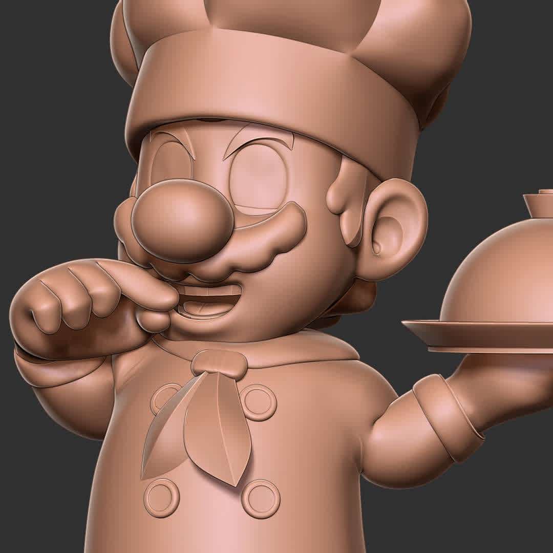 Chef Mario - "Mario (Chef) is a playable character in the Mario Kart franchise. His first appearance is in Mario Kart Tour."

Basic parameters:

- STL format for 3D printing with 04 discrete objects
- Model height: 20 cm
- Version 1.0 - Polygons: 1758084 & Vertices: 1024071

Model ready for 3D printing.

Please vote positively for me if you find this model useful. - Los mejores archivos para impresión 3D del mundo. Modelos Stl divididos en partes para facilitar la impresión 3D. Todo tipo de personajes, decoración, cosplay, prótesis, piezas. Calidad en impresión 3D. Modelos 3D asequibles. Bajo costo. Compras colectivas de archivos 3D.