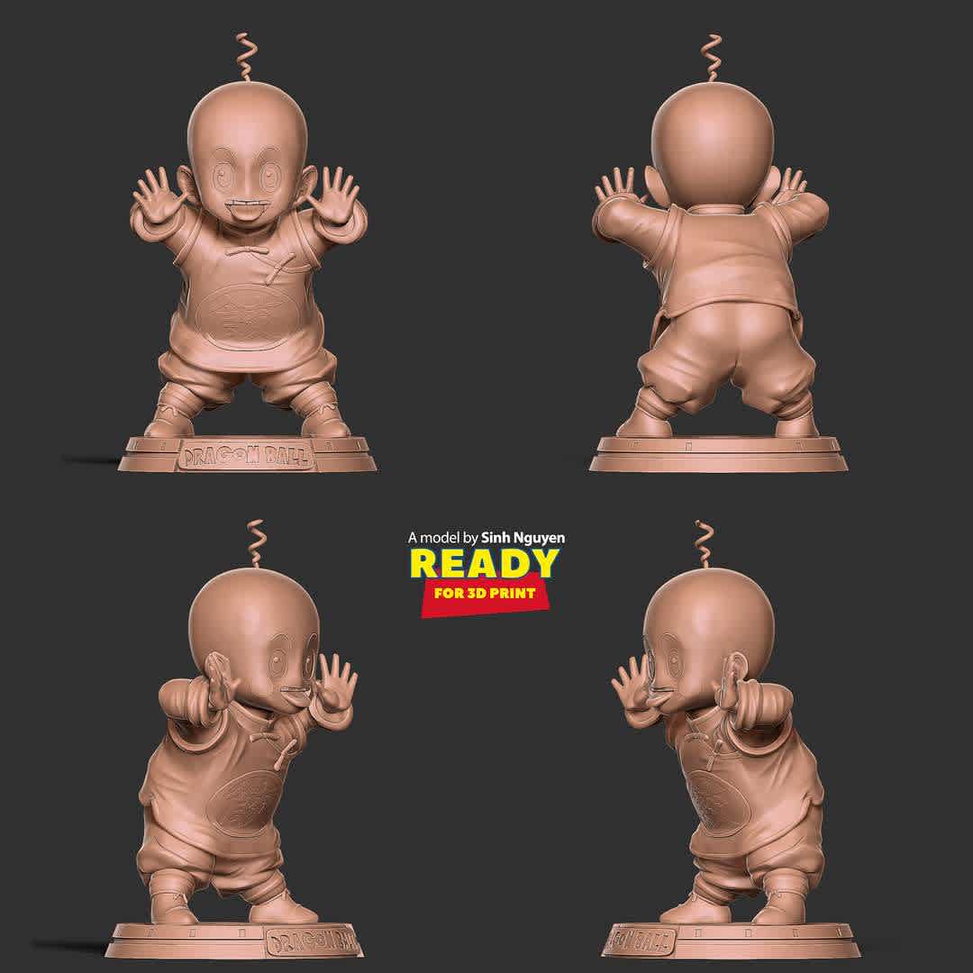 Chiaotzu - Dragon Ball fanart  - "Chiaotzu is an Earthling who possesses a few different traits than most, such as plain white skin and red cheeks."

Basic parameters:

- STL format for 3D printing with 05 discrete objects
- Model height: 15cm
- Version 1.0: Polygons: 1789828 & Vertices: 939886
Model ready for 3D printing.

Please vote positively for me if you find this model useful. - The best files for 3D printing in the world. Stl models divided into parts to facilitate 3D printing. All kinds of characters, decoration, cosplay, prosthetics, pieces. Quality in 3D printing. Affordable 3D models. Low cost. Collective purchases of 3D files.