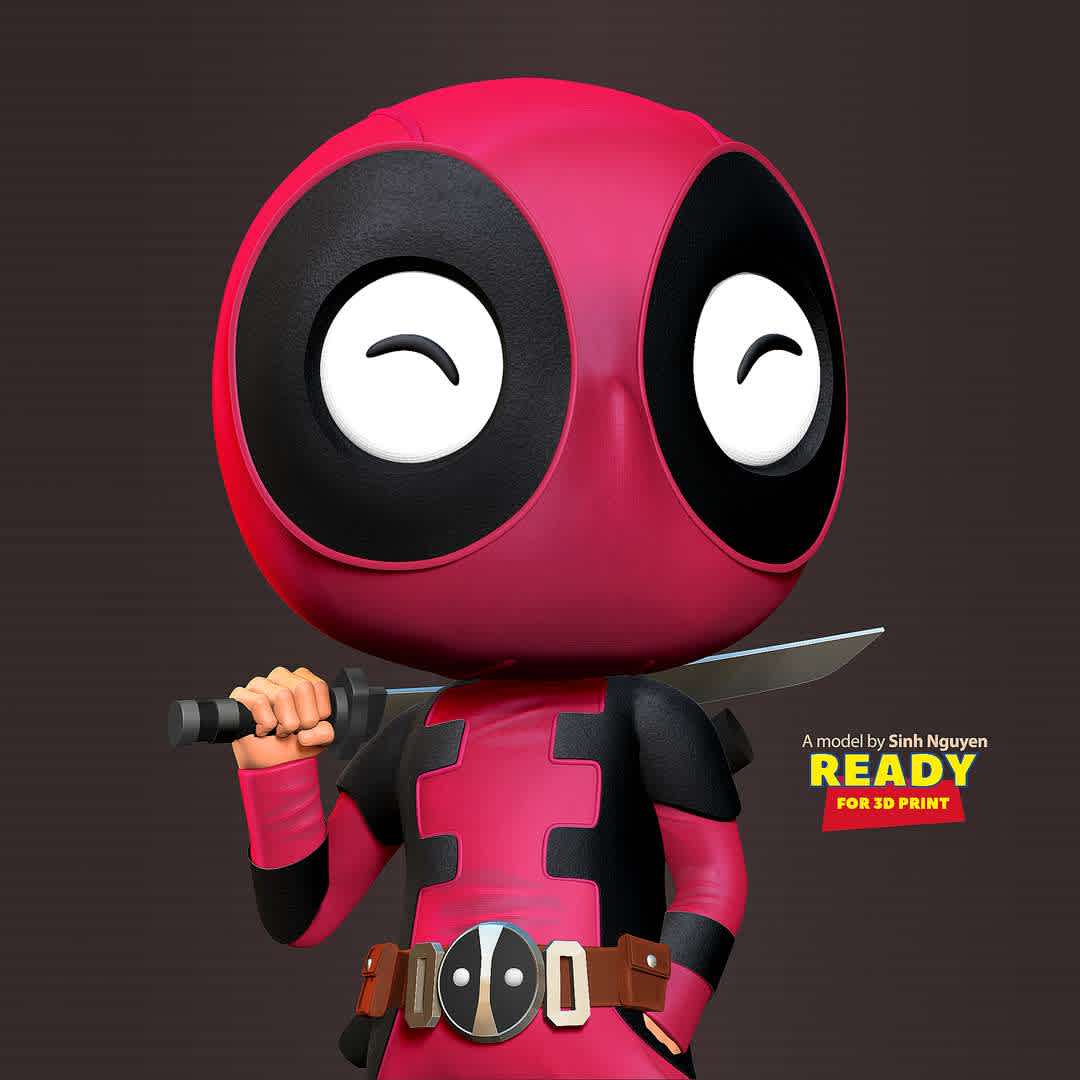 Chibipool - "Chibipool was among many who came to the rescue of the Deadpool of Earth-616 and Pandapool as the new recruits of the Deadpool Corps."

Basic parameters:

- STL format for 3D printing with 07 discrete objects
- Model height: 15cm
- Version 1.0: Polygons: 1919721 & Vertices: 1157629

Model ready for 3D printing.

Please vote positively for me if you find this model useful. - The best files for 3D printing in the world. Stl models divided into parts to facilitate 3D printing. All kinds of characters, decoration, cosplay, prosthetics, pieces. Quality in 3D printing. Affordable 3D models. Low cost. Collective purchases of 3D files.