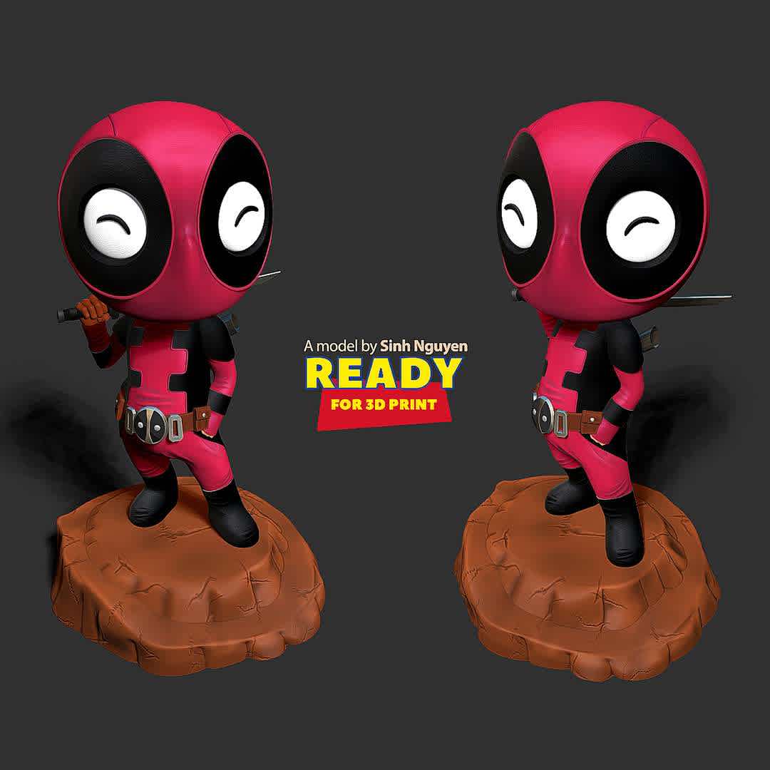 Chibipool - "Chibipool was among many who came to the rescue of the Deadpool of Earth-616 and Pandapool as the new recruits of the Deadpool Corps."

Basic parameters:

- STL format for 3D printing with 07 discrete objects
- Model height: 15cm
- Version 1.0: Polygons: 1919721 & Vertices: 1157629

Model ready for 3D printing.

Please vote positively for me if you find this model useful. - The best files for 3D printing in the world. Stl models divided into parts to facilitate 3D printing. All kinds of characters, decoration, cosplay, prosthetics, pieces. Quality in 3D printing. Affordable 3D models. Low cost. Collective purchases of 3D files.