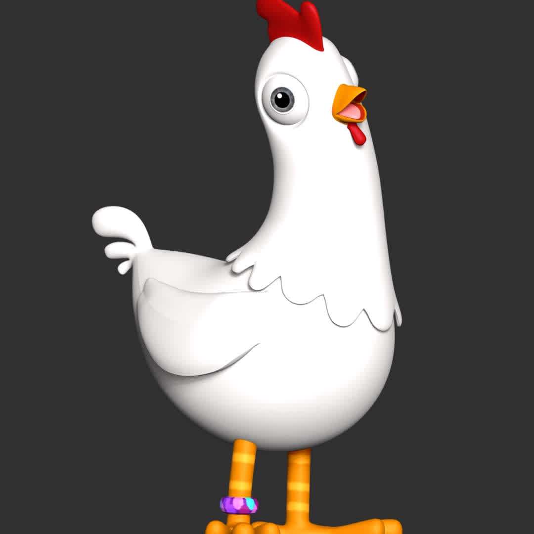 Chickaletta - PAW Patrol - **Chickaletta is Mayor Goodway's pet chicken that she carries around in her purse.**

**The model ready for 3D printing.**

These information of model:

**- Format files: STL, OBJ to supporting 3D printing.**

**- Can be assembled without glue (glue is optional)**

**- Split down to 2 parts**

**- The height of current model is 20 cm and you can free to scale it.**

**- ZTL format for Zbrush for you to customize as you like.**

Please don't hesitate to contact me if you have any issues question.

If you see this model useful, please vote positively for it. - Los mejores archivos para impresión 3D del mundo. Modelos Stl divididos en partes para facilitar la impresión 3D. Todo tipo de personajes, decoración, cosplay, prótesis, piezas. Calidad en impresión 3D. Modelos 3D asequibles. Bajo costo. Compras colectivas de archivos 3D.