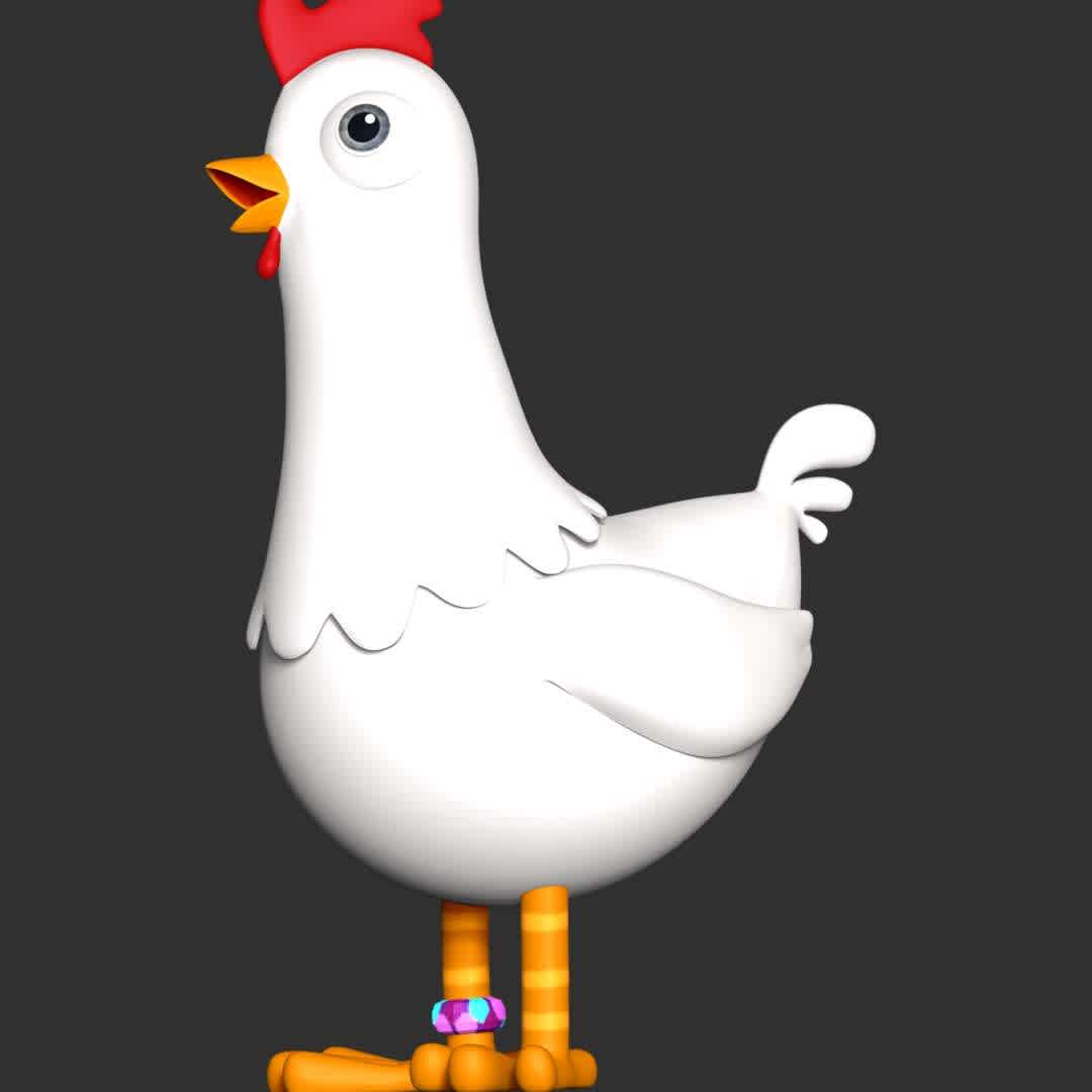 Chickaletta - PAW Patrol - **Chickaletta is Mayor Goodway's pet chicken that she carries around in her purse.**

**The model ready for 3D printing.**

These information of model:

**- Format files: STL, OBJ to supporting 3D printing.**

**- Can be assembled without glue (glue is optional)**

**- Split down to 2 parts**

**- The height of current model is 20 cm and you can free to scale it.**

**- ZTL format for Zbrush for you to customize as you like.**

Please don't hesitate to contact me if you have any issues question.

If you see this model useful, please vote positively for it. - Os melhores arquivos para impressão 3D do mundo. Modelos stl divididos em partes para facilitar a impressão 3D. Todos os tipos de personagens, decoração, cosplay, próteses, peças. Qualidade na impressão 3D. Modelos 3D com preço acessível. Baixo custo. Compras coletivas de arquivos 3D.