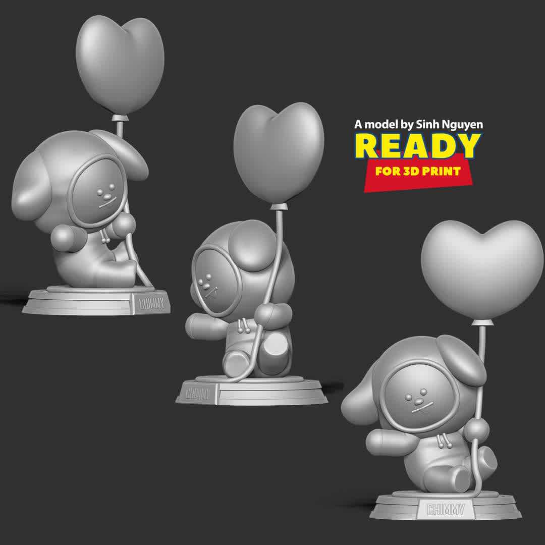 Chimmy - CHIMMY (Korean: 치미, Chimi) is a main character, and they are one of the eight primary characters in BT21.

HELLO 2023! HAPPY NEW YEAR!

Basic parameters:

- STL, OBJ format for 3D printing with 3 discrete objects
- ZTL format for Zbrush (version 2019.1.2 or later)
- Model height: 12cm
- Version 1.0 - Polygons: 781775 & Vertices: 436930

Model ready for 3D printing.

Please vote positively for me if you find this model useful. - Os melhores arquivos para impressão 3D do mundo. Modelos stl divididos em partes para facilitar a impressão 3D. Todos os tipos de personagens, decoração, cosplay, próteses, peças. Qualidade na impressão 3D. Modelos 3D com preço acessível. Baixo custo. Compras coletivas de arquivos 3D.