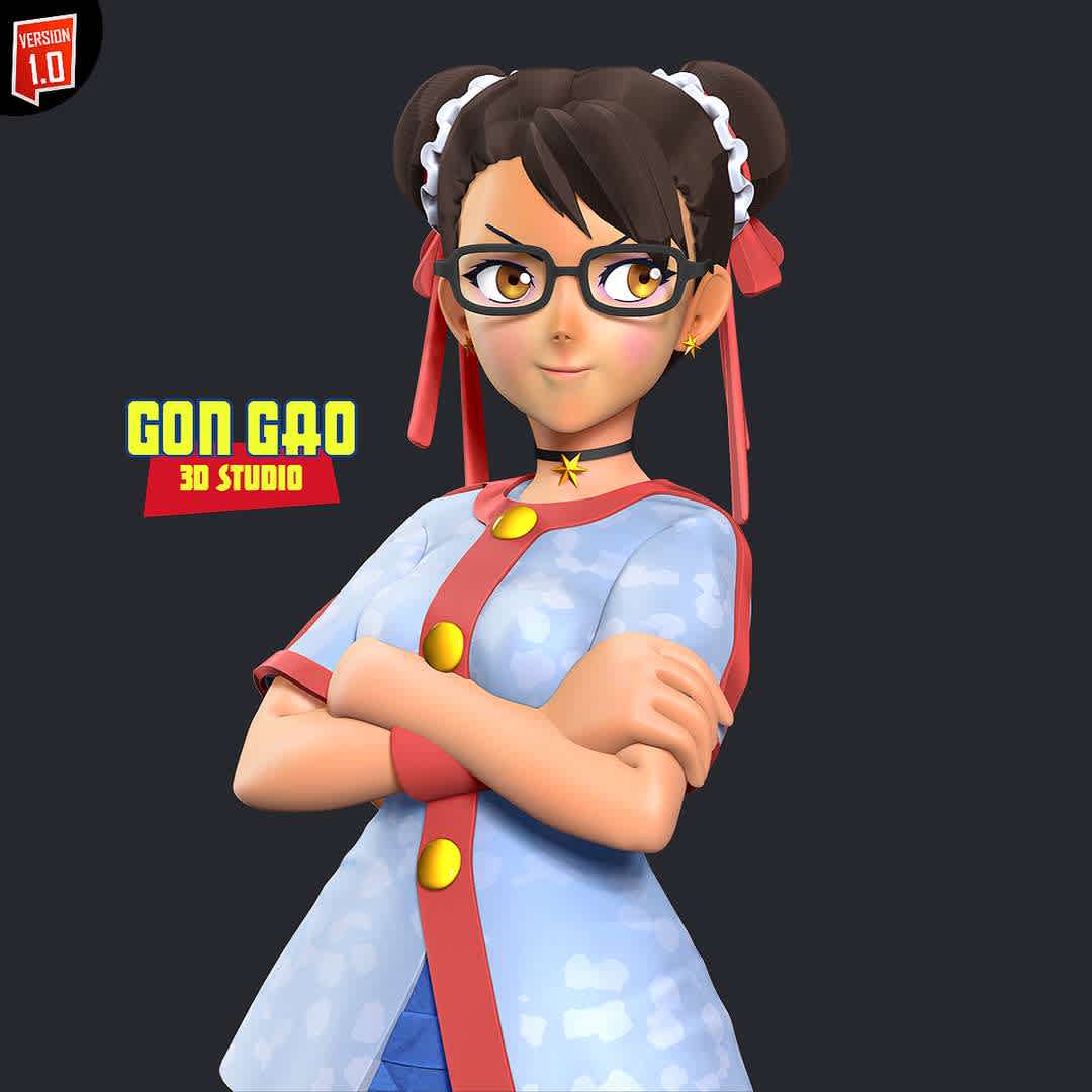 Chun-Li - Ready to fight  - "Chun-Li: Jump in, I won't be polite!"

Basic parameters:

- STL format for 3D printing with 07 discrete objects
- Two options: Head with glasses and head without glasses for this character.
- Model height: 30 cm
- Version 1.0 - Polygons: 3113378 & Vertices: 1915013

Model ready for 3D printing.

Please vote positively for me if you find this model useful. - The best files for 3D printing in the world. Stl models divided into parts to facilitate 3D printing. All kinds of characters, decoration, cosplay, prosthetics, pieces. Quality in 3D printing. Affordable 3D models. Low cost. Collective purchases of 3D files.