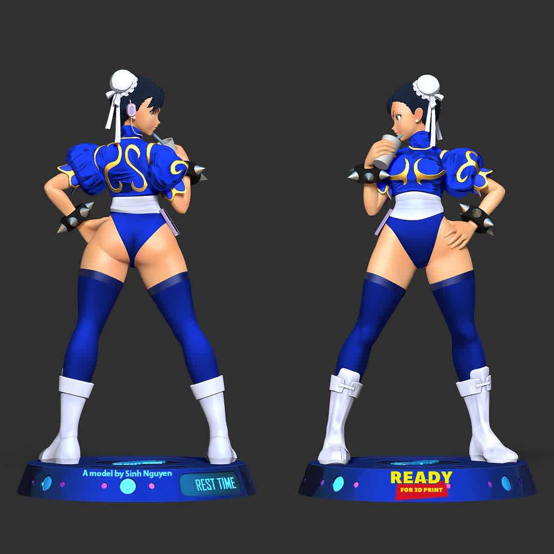 Chun-Li - Street Fighter Fanart - "This is Chun-Li's favorite time after fights."

Basic parameters:

- STL format for 3D printing with 07 discrete objects
- Model height: 20cm
- Version 1.0: Polygons: 2361785 & Vertices: 1393750

Model ready for 3D printing.

Please vote positively for me if you find this model useful. - The best files for 3D printing in the world. Stl models divided into parts to facilitate 3D printing. All kinds of characters, decoration, cosplay, prosthetics, pieces. Quality in 3D printing. Affordable 3D models. Low cost. Collective purchases of 3D files.