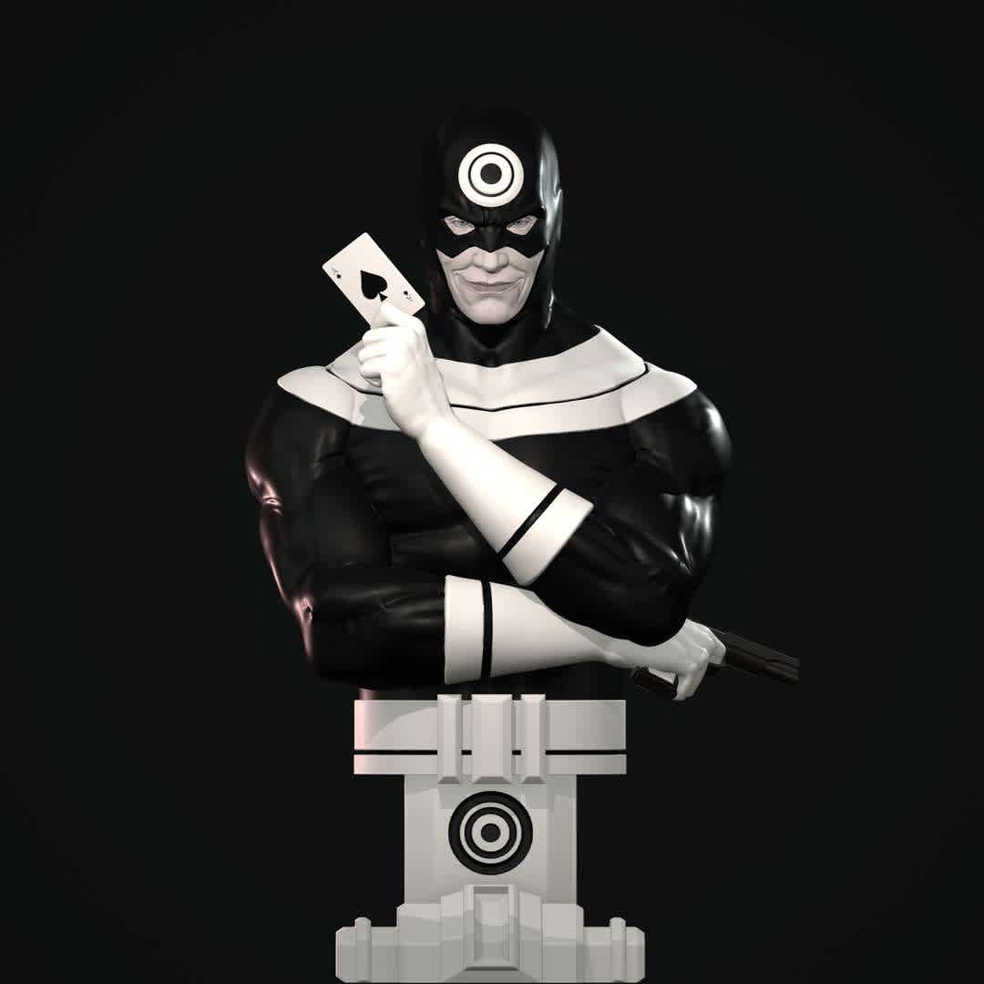 CLASSIC BULLSEYE BUST  - CLASSIC BULLSEYE BUST:
Classic Daredevil villain, Bullseye
STANDARD SCALE: 150mm - The best files for 3D printing in the world. Stl models divided into parts to facilitate 3D printing. All kinds of characters, decoration, cosplay, prosthetics, pieces. Quality in 3D printing. Affordable 3D models. Low cost. Collective purchases of 3D files.