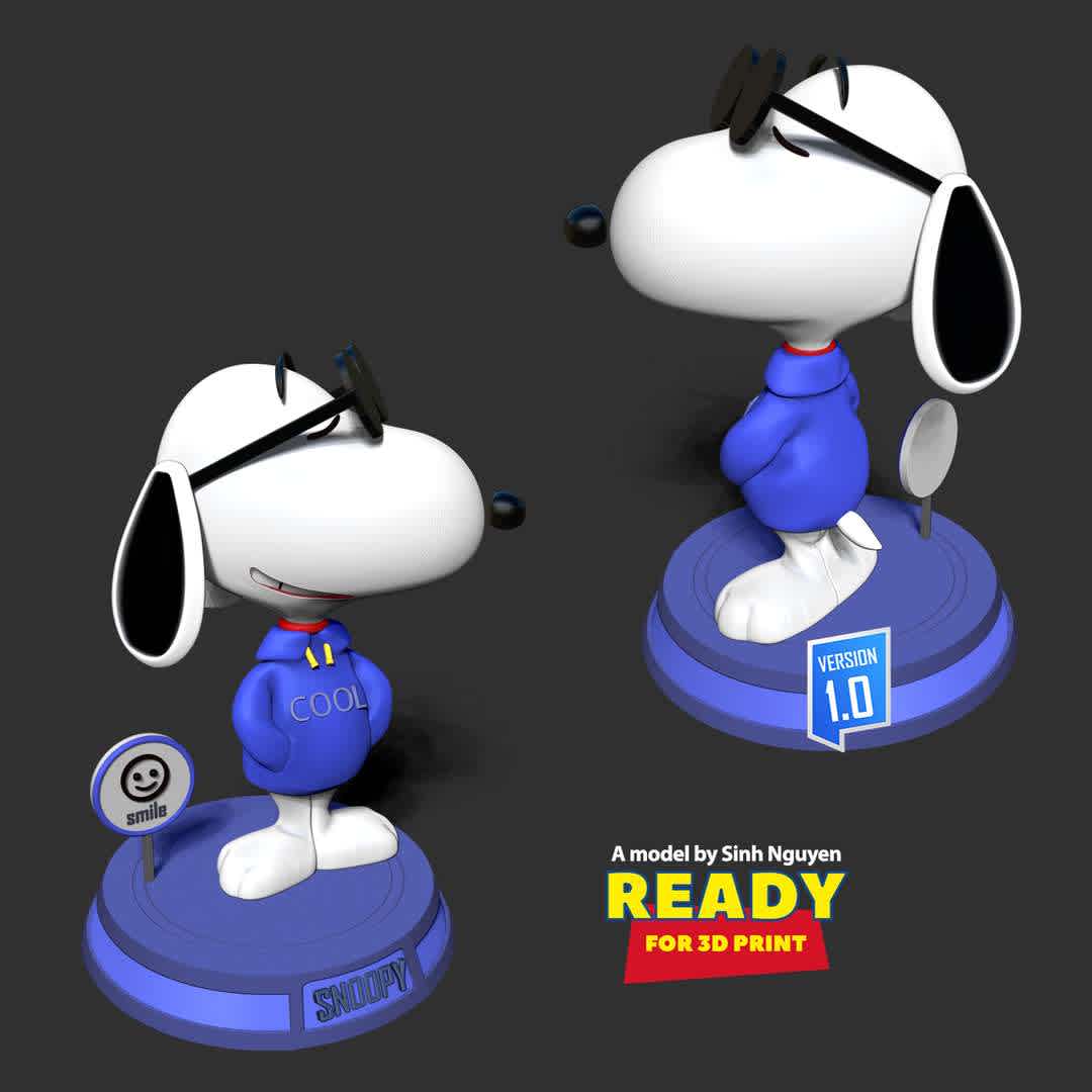 Cool Snoopy Dog - "If you still love this dog, then you are probably as old as I am."

Basic parameters:

- STL, OBJ format for 3D printing with 05 discrete objects
- ZTL format for Zbrush (version 2019.1.2 or later)
- Model height: 18cm
- Version 1.0 - Polygons: 711699 & Vertices: 403289

Model ready for 3D printing.

Please vote positively for me if you find this model useful. - The best files for 3D printing in the world. Stl models divided into parts to facilitate 3D printing. All kinds of characters, decoration, cosplay, prosthetics, pieces. Quality in 3D printing. Affordable 3D models. Low cost. Collective purchases of 3D files.