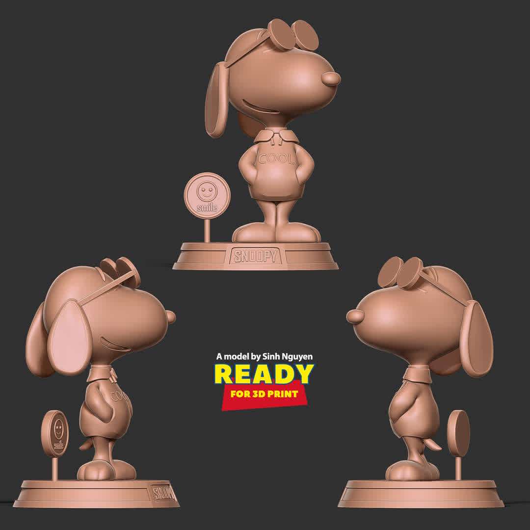 Cool Snoopy Dog - "If you still love this dog, then you are probably as old as I am."

Basic parameters:

- STL, OBJ format for 3D printing with 05 discrete objects
- ZTL format for Zbrush (version 2019.1.2 or later)
- Model height: 18cm
- Version 1.0 - Polygons: 711699 & Vertices: 403289

Model ready for 3D printing.

Please vote positively for me if you find this model useful. - Os melhores arquivos para impressão 3D do mundo. Modelos stl divididos em partes para facilitar a impressão 3D. Todos os tipos de personagens, decoração, cosplay, próteses, peças. Qualidade na impressão 3D. Modelos 3D com preço acessível. Baixo custo. Compras coletivas de arquivos 3D.