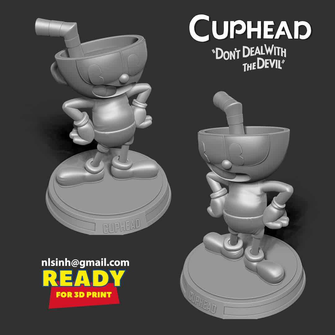 Cuphead Fanart  - Cuphead is a classic run and gun action game heavily focused on boss battles.

** Information: this model has a height of 12cm.

When you purchase this model, you will own:

- STL, OBJ file with 03 separated files (with key to connect together) is ready for 3D printing.
- Zbrush original files (ZTL) for you to customize as you like.

This is version 1.0 of this model.

Hope you like him. Thanks for viewing! - The best files for 3D printing in the world. Stl models divided into parts to facilitate 3D printing. All kinds of characters, decoration, cosplay, prosthetics, pieces. Quality in 3D printing. Affordable 3D models. Low cost. Collective purchases of 3D files.