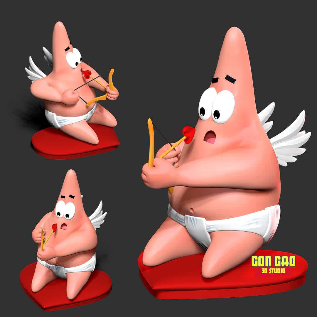 Cupid Patrick Star - "Looks like this is the first time performing Cupid Patrick's mission :))"

Basic parameters:

- STL format for 3D printing with 02 discrete objects
- Model height: 15cm
- Version 1.0 - Polygons: 925438 & Vertices: 578573

Model ready for 3D printing.

Please vote positively for me if you find this model useful. - Los mejores archivos para impresión 3D del mundo. Modelos Stl divididos en partes para facilitar la impresión 3D. Todo tipo de personajes, decoración, cosplay, prótesis, piezas. Calidad en impresión 3D. Modelos 3D asequibles. Bajo costo. Compras colectivas de archivos 3D.