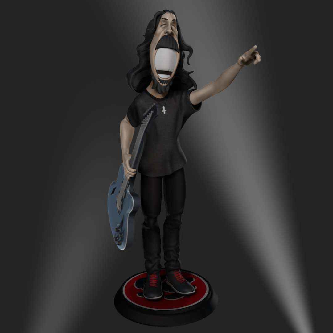 Dave Grohl Caricature - Caricature collectible of Dave Grohl, lead singer of Foo Fighter's band. The character is on top of a base with the logo of the band. - Los mejores archivos para impresión 3D del mundo. Modelos Stl divididos en partes para facilitar la impresión 3D. Todo tipo de personajes, decoración, cosplay, prótesis, piezas. Calidad en impresión 3D. Modelos 3D asequibles. Bajo costo. Compras colectivas de archivos 3D.