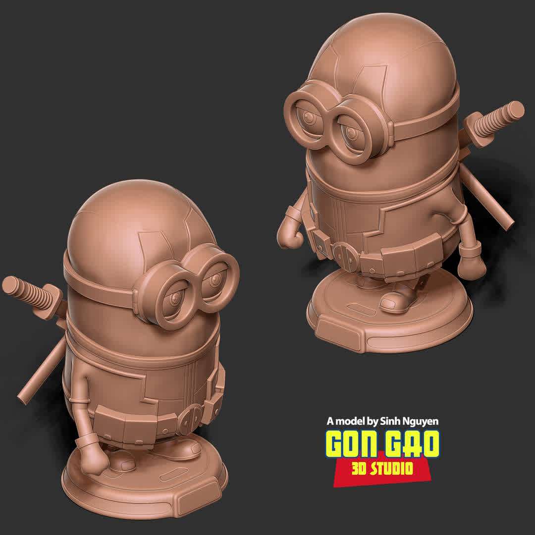 Deadpool Minion  - "The combination of Deadpool and Minion is based on the idea by Pablo Prompt (you can find him on Instagram)."

Basic parameters:

- STL format for 3D printing with 04 discrete objects
- Model height: 20 cm
- Version 1.0 - Polygons: 1932055 & Vertices: 986565

Model ready for 3D printing.

Please vote positively for me if you find this model useful. - The best files for 3D printing in the world. Stl models divided into parts to facilitate 3D printing. All kinds of characters, decoration, cosplay, prosthetics, pieces. Quality in 3D printing. Affordable 3D models. Low cost. Collective purchases of 3D files.