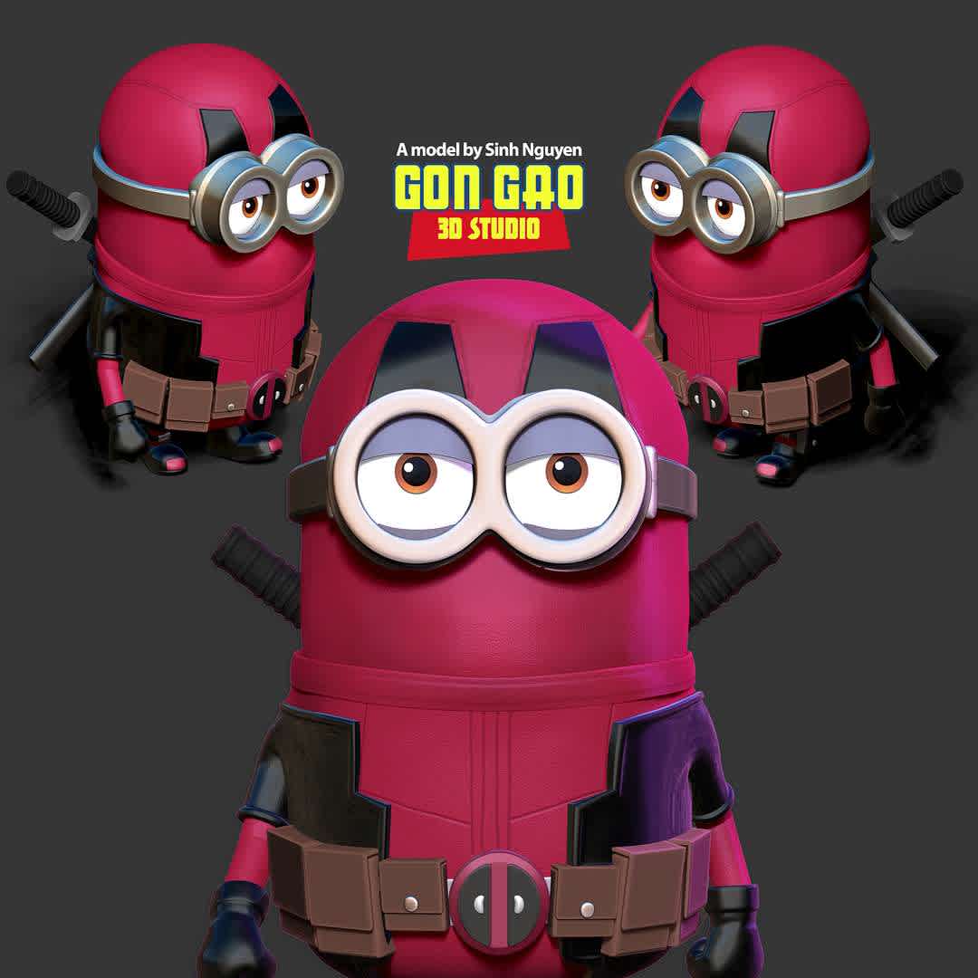 Deadpool Minion  - "The combination of Deadpool and Minion is based on the idea by Pablo Prompt (you can find him on Instagram)."

Basic parameters:

- STL format for 3D printing with 04 discrete objects
- Model height: 20 cm
- Version 1.0 - Polygons: 1932055 & Vertices: 986565

Model ready for 3D printing.

Please vote positively for me if you find this model useful. - Los mejores archivos para impresión 3D del mundo. Modelos Stl divididos en partes para facilitar la impresión 3D. Todo tipo de personajes, decoración, cosplay, prótesis, piezas. Calidad en impresión 3D. Modelos 3D asequibles. Bajo costo. Compras colectivas de archivos 3D.