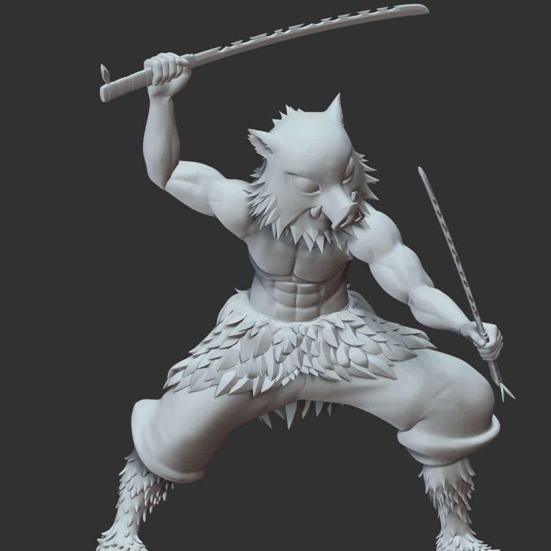 Demon Slayer - Inosuke Hashibira - These information of model:

**- The height of current model is 30 cm and you can free to scale it.**

**- Format files: STL, OBJ to supporting 3D printing.**

Please don't hesitate to contact me if you have any issues question. - The best files for 3D printing in the world. Stl models divided into parts to facilitate 3D printing. All kinds of characters, decoration, cosplay, prosthetics, pieces. Quality in 3D printing. Affordable 3D models. Low cost. Collective purchases of 3D files.