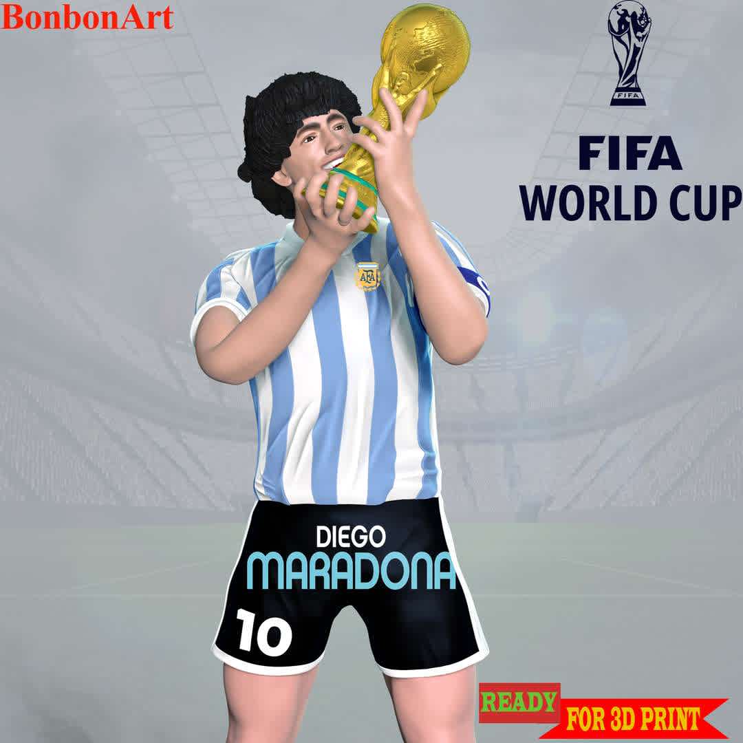 Diego Maradona - Diego Armando Maradona a precocious talent, Maradona was given the nickname "El Pibe de Oro" ("The Golden Boy"), a name that stuck with him throughout his career. Maradona winning the 1986 FIFA World Cup with Argentina.

These information of this model:

 - Files format: STL, OBJ (included 04 separated files is ready for 3D printing). 
 - Zbrush original file (ZTL) for you to customize as you like.
 - The height is 20 cm
 - The version 1.0. 

The model ready for 3D printing.
Hope you like him.
Don't hesitate to contact me if there are any problems during printing the model - Los mejores archivos para impresión 3D del mundo. Modelos Stl divididos en partes para facilitar la impresión 3D. Todo tipo de personajes, decoración, cosplay, prótesis, piezas. Calidad en impresión 3D. Modelos 3D asequibles. Bajo costo. Compras colectivas de archivos 3D.