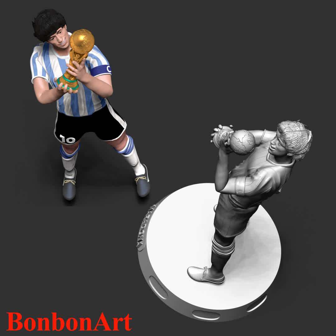 Diego Maradona - Diego Armando Maradona a precocious talent, Maradona was given the nickname "El Pibe de Oro" ("The Golden Boy"), a name that stuck with him throughout his career. Maradona winning the 1986 FIFA World Cup with Argentina.

These information of this model:

 - Files format: STL, OBJ (included 04 separated files is ready for 3D printing). 
 - Zbrush original file (ZTL) for you to customize as you like.
 - The height is 20 cm
 - The version 1.0. 

The model ready for 3D printing.
Hope you like him.
Don't hesitate to contact me if there are any problems during printing the model - Los mejores archivos para impresión 3D del mundo. Modelos Stl divididos en partes para facilitar la impresión 3D. Todo tipo de personajes, decoración, cosplay, prótesis, piezas. Calidad en impresión 3D. Modelos 3D asequibles. Bajo costo. Compras colectivas de archivos 3D.