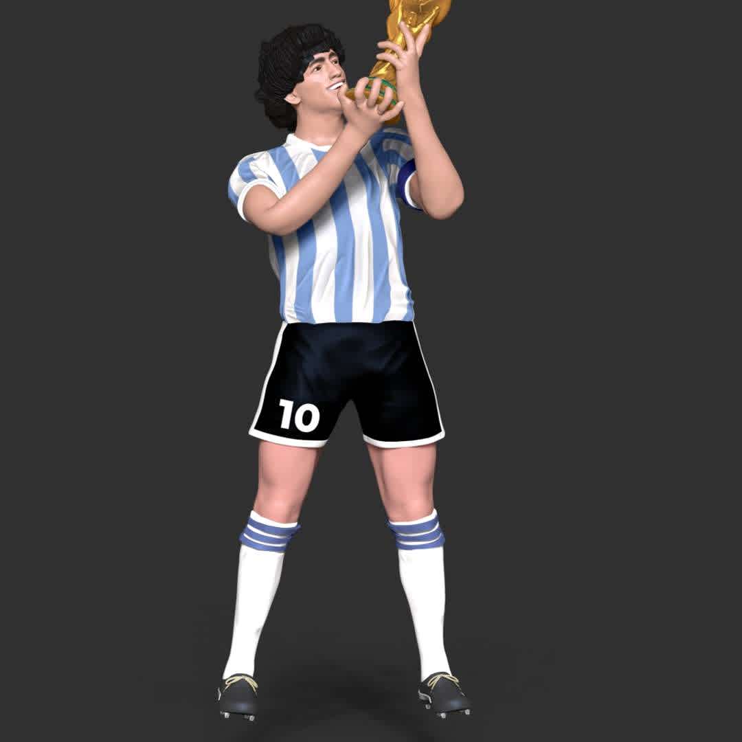 Diego Maradona - Diego Armando Maradona a precocious talent, Maradona was given the nickname "El Pibe de Oro" ("The Golden Boy"), a name that stuck with him throughout his career. Maradona winning the 1986 FIFA World Cup with Argentina.

These information of this model:

 - Files format: STL, OBJ (included 04 separated files is ready for 3D printing). 
 - Zbrush original file (ZTL) for you to customize as you like.
 - The height is 20 cm
 - The version 1.0. 

The model ready for 3D printing.
Hope you like him.
Don't hesitate to contact me if there are any problems during printing the model - Los mejores archivos para impresión 3D del mundo. Modelos Stl divididos en partes para facilitar la impresión 3D. Todo tipo de personajes, decoración, cosplay, prótesis, piezas. Calidad en impresión 3D. Modelos 3D asequibles. Bajo costo. Compras colectivas de archivos 3D.