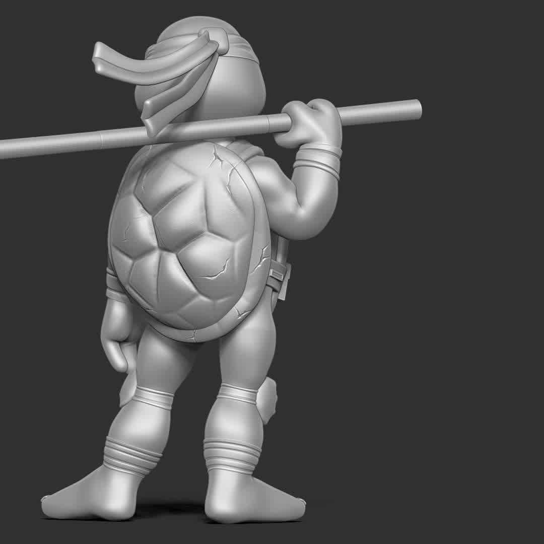 Donatello - Teenage Mutant Ninja Turtles  - "Donatello, nicknamed Don or Donnie/Donny, is a superhero and one of the four main characters of the Teenage Mutant Ninja Turtles comics."

Basic parameters:

- STLformat for 3D printing with 06 discrete objects
- Model height: 18cm
- Version 1.0: Polygons: 1824466 & Vertices: 941283

Model ready for 3D printing.

Please vote positively for me if you find this model useful. - The best files for 3D printing in the world. Stl models divided into parts to facilitate 3D printing. All kinds of characters, decoration, cosplay, prosthetics, pieces. Quality in 3D printing. Affordable 3D models. Low cost. Collective purchases of 3D files.