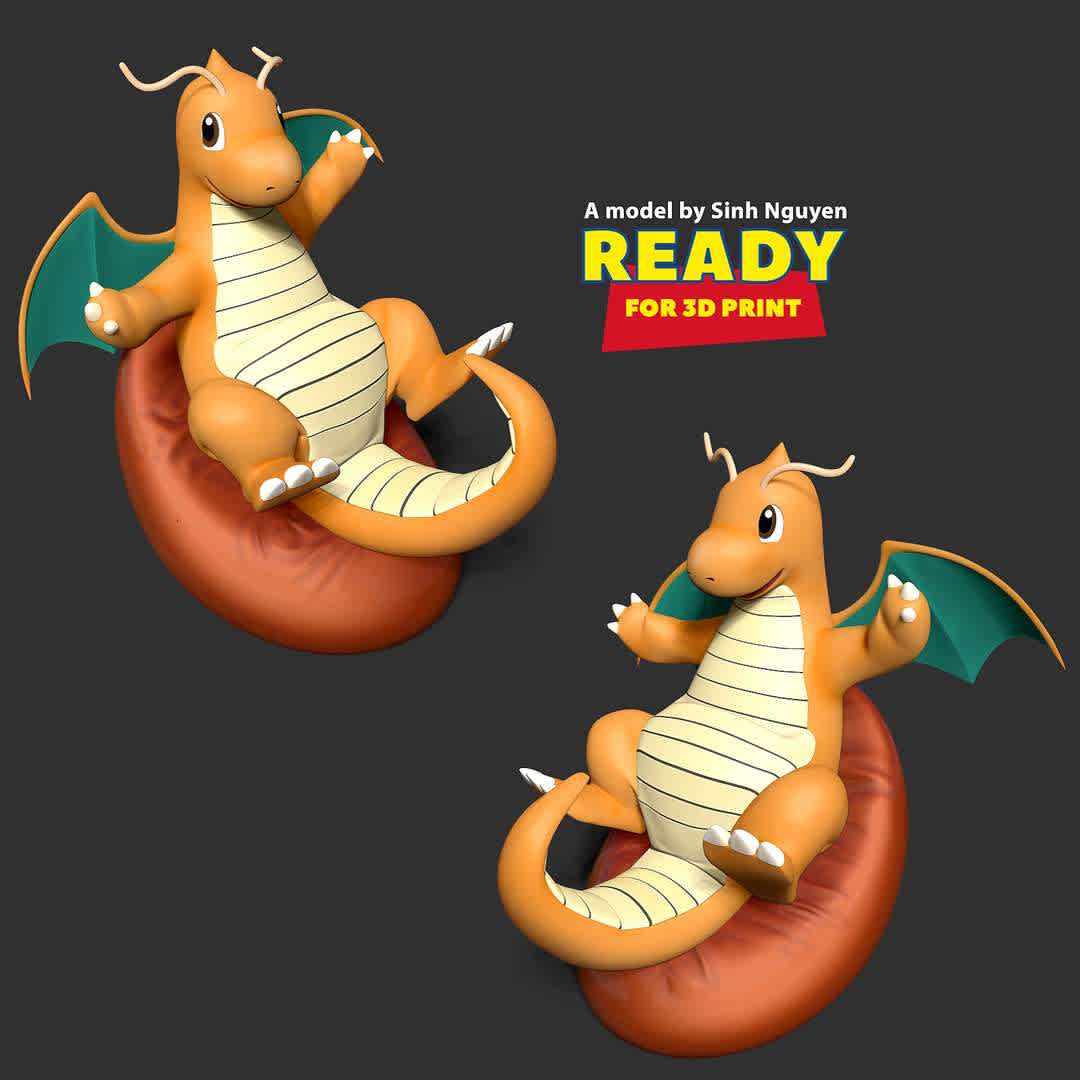 Dragonite - Pokemon Fanart  - "Dragonite is a dual-type Dragon/Flying pseudo-legendary Pokémon introduced in Generation I."

Basic parameters:

- STL, OBJ format for 3D printing with 02 discrete objects
- ZTL format for Zbrush (version 2019.1.2 or later)
- Model height: 18cm
- Version 1.0 - Polygons: 965647 & Vertices: 500457

Model ready for 3D printing.

Please vote positively for me if you find this model useful. - Os melhores arquivos para impressão 3D do mundo. Modelos stl divididos em partes para facilitar a impressão 3D. Todos os tipos de personagens, decoração, cosplay, próteses, peças. Qualidade na impressão 3D. Modelos 3D com preço acessível. Baixo custo. Compras coletivas de arquivos 3D.