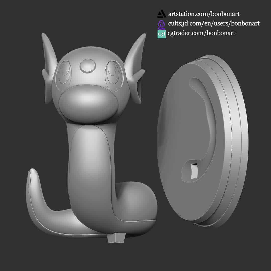 Dratini - Pokemon Go - When you download the model then you will own: 
- STL, OBJ format files are ready for 3D printing
- Zbrush original files (ZTL) for you to customize as you like. 
This is version 1.0 of this model.
Hope you like it. Thanks for viewing! - The best files for 3D printing in the world. Stl models divided into parts to facilitate 3D printing. All kinds of characters, decoration, cosplay, prosthetics, pieces. Quality in 3D printing. Affordable 3D models. Low cost. Collective purchases of 3D files.