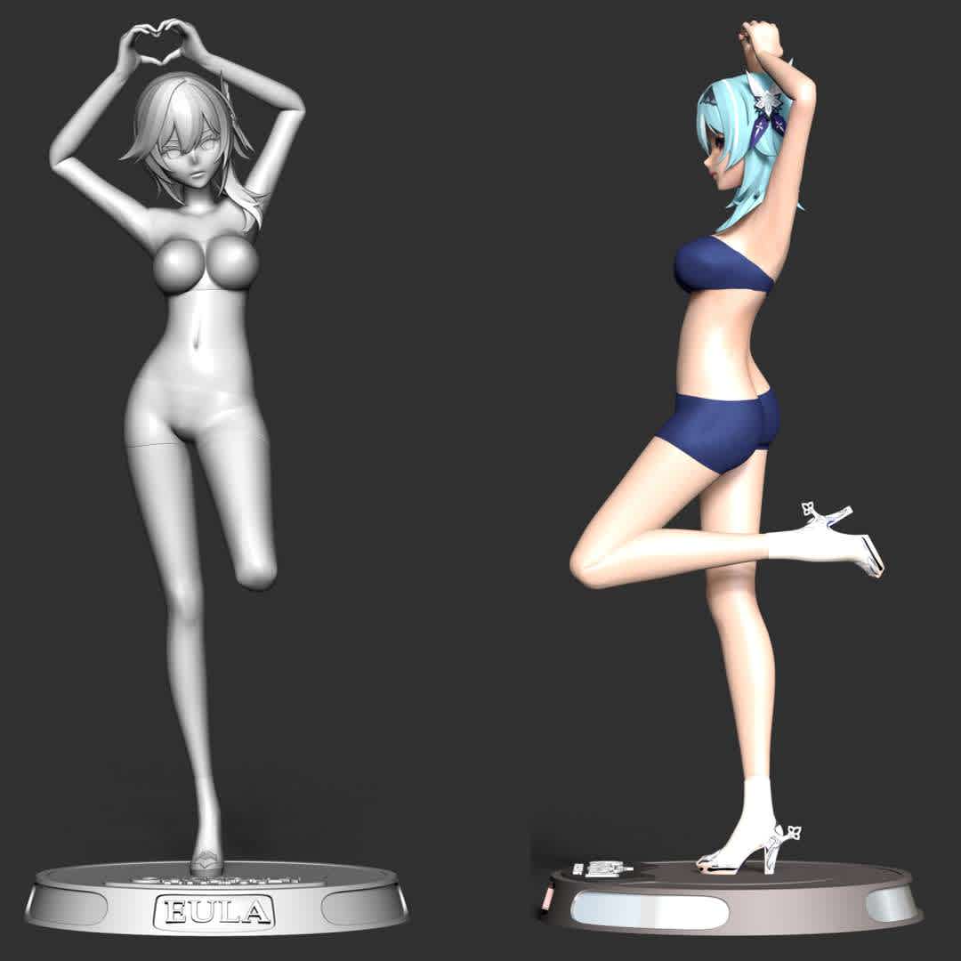 Eula - Genshin Impact - **Eula Lawrence is a playable Cryo character in Genshin Impact.**


**These information of this model:**

- The model ready for 3D printing.
- The model current size is 20cm height, but you are free to scale it.
- Files format: STL, OBJ (included 03 separated files is ready for 3D printing).
- Also includes Zbrush original file (ZTL) for you to customize as you like.

Hope you like her.

If you have any questions please don't hesitate to contact me. I will respond you ASAP. - The best files for 3D printing in the world. Stl models divided into parts to facilitate 3D printing. All kinds of characters, decoration, cosplay, prosthetics, pieces. Quality in 3D printing. Affordable 3D models. Low cost. Collective purchases of 3D files.