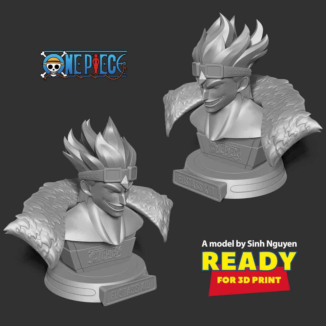 Eustass Kid Bust - Eustass Captain Kid is a notorious pirate from South Blue and the captain of the Kid Pirates.

---Information: this model has a height of 18cm.

When you purchase this model, you will own:

01.- STL, OBJ file with 03 separated files (with key to connect together) is ready for 3D printing.
02.- Zbrush original files (ZTL) for you to customize as you like.

This is version 1.0 of this model.
Hope you like him. Please vote positively for me if it is useful to you. Thanks so much!!!! - Los mejores archivos para impresión 3D del mundo. Modelos Stl divididos en partes para facilitar la impresión 3D. Todo tipo de personajes, decoración, cosplay, prótesis, piezas. Calidad en impresión 3D. Modelos 3D asequibles. Bajo costo. Compras colectivas de archivos 3D.