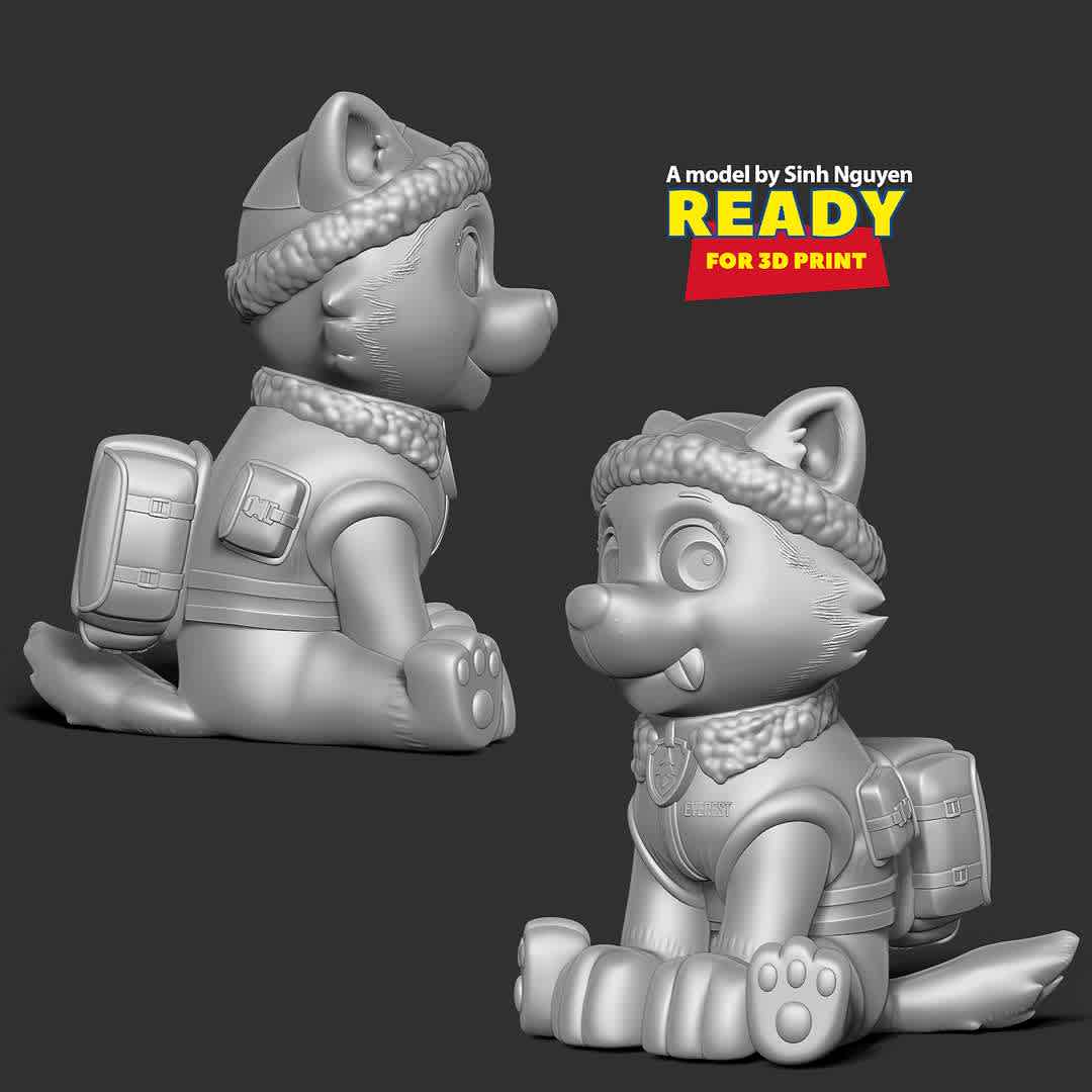 Everest - Paw Patrol 3D - "Among the dogs in the cartoon Paw Patrol, my daughter loves Everest the most."

Basic parameters:

- STL format for 3D printing with 03 discrete objects
- Model height: 15cm
- Version 1.0: Polygons: 1436921 & Vertices: 737806

Model ready for 3D printing.

Please vote positively for me if you find this model useful. - Los mejores archivos para impresión 3D del mundo. Modelos Stl divididos en partes para facilitar la impresión 3D. Todo tipo de personajes, decoración, cosplay, prótesis, piezas. Calidad en impresión 3D. Modelos 3D asequibles. Bajo costo. Compras colectivas de archivos 3D.