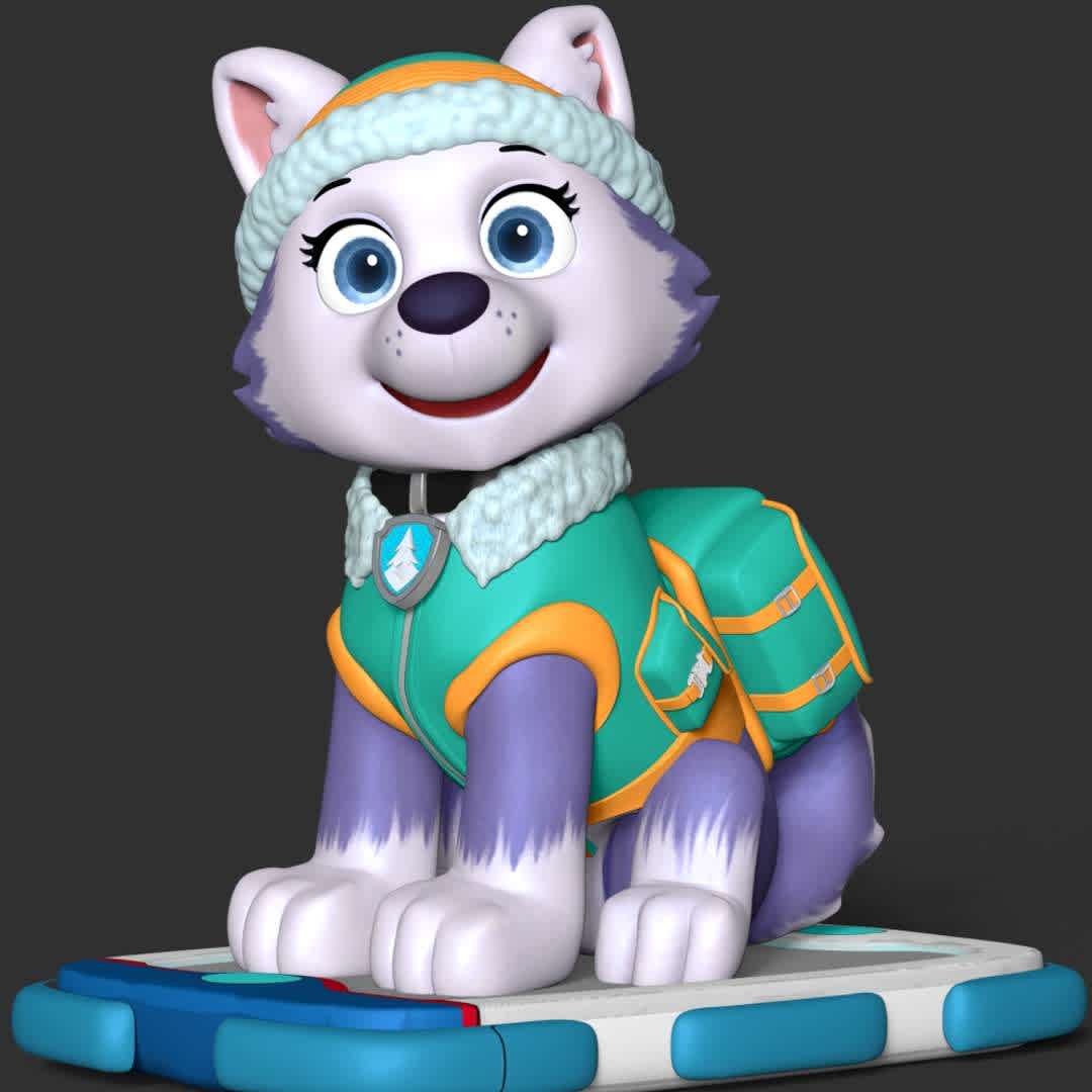 Everest - Paw Patrol - Everest is a female husky who debuted in the Season 2 episode "The New Pup". She is the PAW Patrol's snowy mountain pup, the 7th pup, and the 9th overall member of the team.

These information of this model:

 - Files format: STL, OBJ (included 04 separated files is ready for 3D printing). 
 - Zbrush original file (ZTL) for you to customize as you like.
 - The height is 20 cm
 - The version 1.0. 

The model ready for 3D printing.
Hope you like her.
Don't hesitate to contact me if there are any problems during printing the model. - The best files for 3D printing in the world. Stl models divided into parts to facilitate 3D printing. All kinds of characters, decoration, cosplay, prosthetics, pieces. Quality in 3D printing. Affordable 3D models. Low cost. Collective purchases of 3D files.