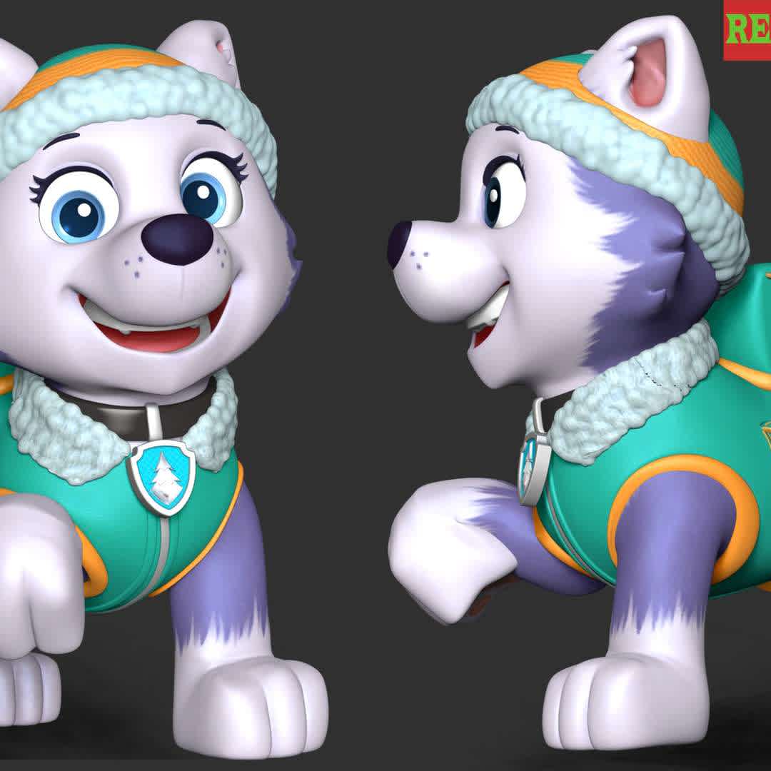 Everest - **Everest is a female husky who debuted in the Season 2 episode "The New Pup". She is the PAW Patrol's snowy mountain pup, the 7th pup, and the 9th overall member of the team.**

**These information of this model:**

- The model ready for 3D printing.
- The model current size is 20cm height, but you are free to scale it.
- Files format: STL, OBJ (included 03 separated files is ready for 3D printing).
- Also includes Zbrush original file (ZTL) for you to customize as you like.

The model ready for 3D printing.
Hope you like it.

Don't hesitate to contact me if there are any problems during printing the model. - Os melhores arquivos para impressão 3D do mundo. Modelos stl divididos em partes para facilitar a impressão 3D. Todos os tipos de personagens, decoração, cosplay, próteses, peças. Qualidade na impressão 3D. Modelos 3D com preço acessível. Baixo custo. Compras coletivas de arquivos 3D.