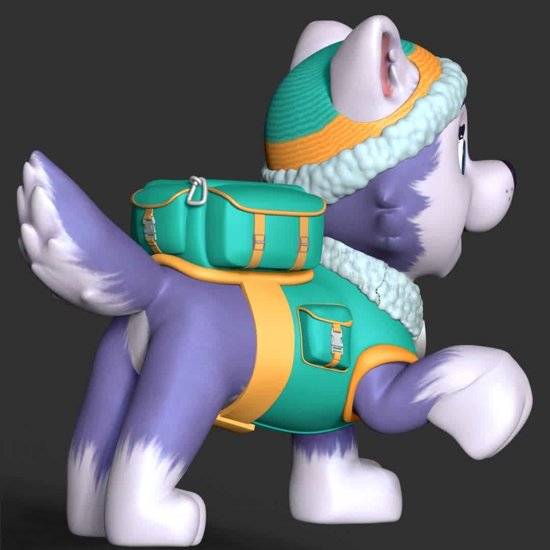 Everest - **Everest is a female husky who debuted in the Season 2 episode "The New Pup". She is the PAW Patrol's snowy mountain pup, the 7th pup, and the 9th overall member of the team.**

**These information of this model:**

- The model ready for 3D printing.
- The model current size is 20cm height, but you are free to scale it.
- Files format: STL, OBJ (included 03 separated files is ready for 3D printing).
- Also includes Zbrush original file (ZTL) for you to customize as you like.

The model ready for 3D printing.
Hope you like it.

Don't hesitate to contact me if there are any problems during printing the model. - The best files for 3D printing in the world. Stl models divided into parts to facilitate 3D printing. All kinds of characters, decoration, cosplay, prosthetics, pieces. Quality in 3D printing. Affordable 3D models. Low cost. Collective purchases of 3D files.