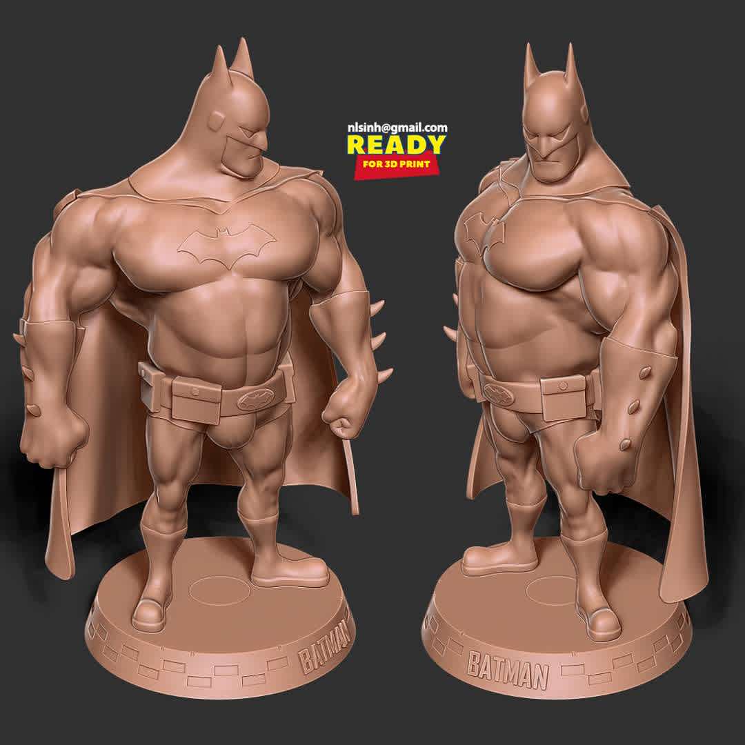 Fat Batman - Batman: Loose weight or you'll be as fat as I am.

When you purchase this model, you will own:

- STL, OBJ file with 8 separated files (with key to connect together) is ready for 3D printing.

- Zbrush original files (ZTL) for you to customize as you like.

This is version 1.0 of this model.

Hope you like him. Thanks for viewing! - The best files for 3D printing in the world. Stl models divided into parts to facilitate 3D printing. All kinds of characters, decoration, cosplay, prosthetics, pieces. Quality in 3D printing. Affordable 3D models. Low cost. Collective purchases of 3D files.