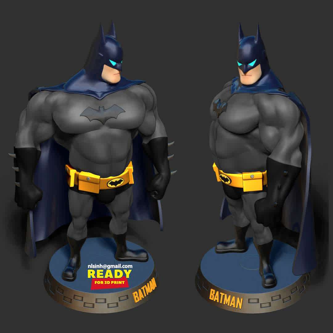 Fat Batman - Batman: Loose weight or you'll be as fat as I am.

When you purchase this model, you will own:

- STL, OBJ file with 8 separated files (with key to connect together) is ready for 3D printing.

- Zbrush original files (ZTL) for you to customize as you like.

This is version 1.0 of this model.

Hope you like him. Thanks for viewing! - The best files for 3D printing in the world. Stl models divided into parts to facilitate 3D printing. All kinds of characters, decoration, cosplay, prosthetics, pieces. Quality in 3D printing. Affordable 3D models. Low cost. Collective purchases of 3D files.