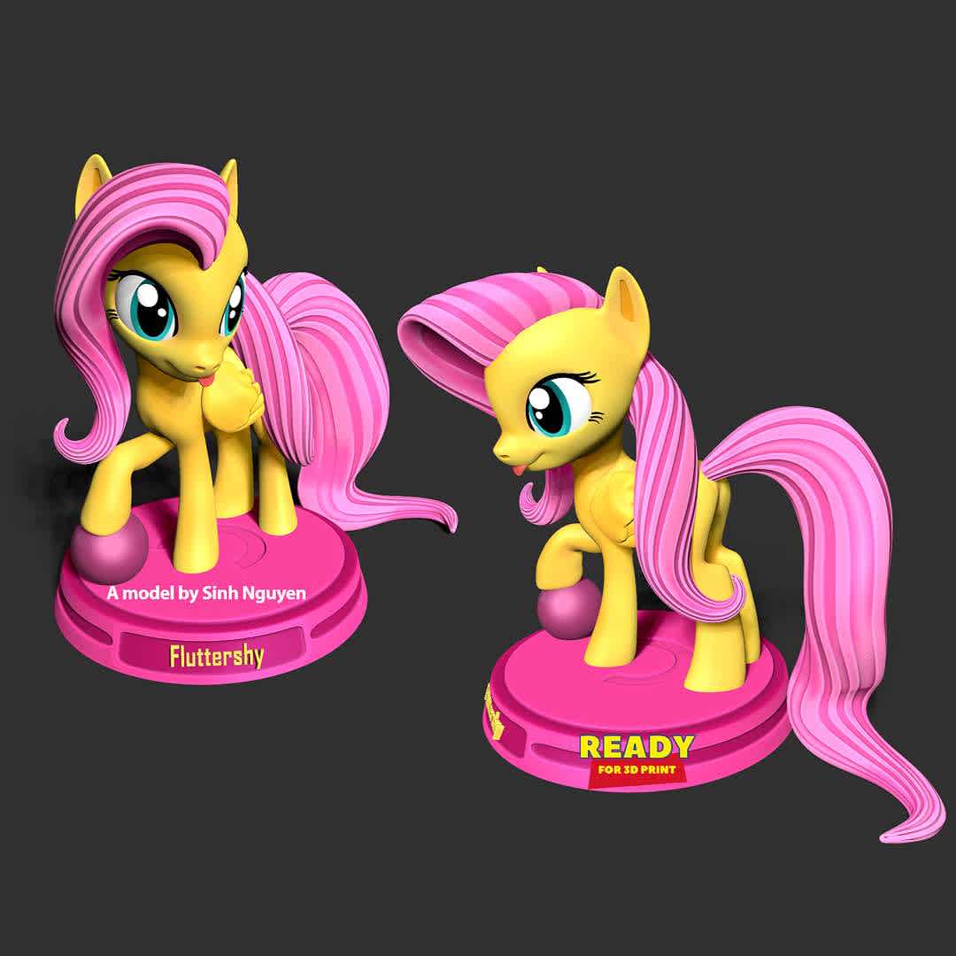 Fluttershy - Little Pony - "Fluttershy is a female Pegasus pony and one of the main characters of My Little Pony Friendship is Magic."

Basic parameters:

- STL format for 3D printing with 05 discrete objects
- Model height: 15cm
- Version 1.0: Polygons: 1761503 & Vertices: 924539

Model ready for 3D printing.

Please vote positively for me if you find this model useful. - Los mejores archivos para impresión 3D del mundo. Modelos Stl divididos en partes para facilitar la impresión 3D. Todo tipo de personajes, decoración, cosplay, prótesis, piezas. Calidad en impresión 3D. Modelos 3D asequibles. Bajo costo. Compras colectivas de archivos 3D.