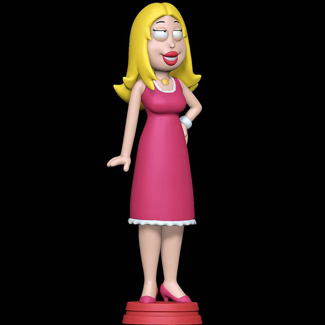 Francine Smith - American Dad - Good old Francine - The best files for 3D printing in the world. Stl models divided into parts to facilitate 3D printing. All kinds of characters, decoration, cosplay, prosthetics, pieces. Quality in 3D printing. Affordable 3D models. Low cost. Collective purchases of 3D files.