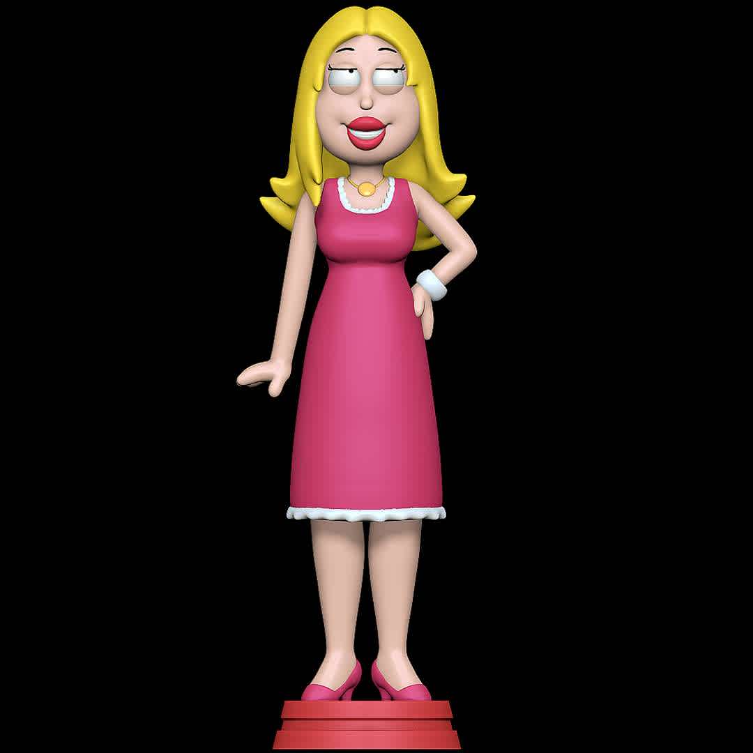 Francine Smith - American Dad - Good old Francine - The best files for 3D printing in the world. Stl models divided into parts to facilitate 3D printing. All kinds of characters, decoration, cosplay, prosthetics, pieces. Quality in 3D printing. Affordable 3D models. Low cost. Collective purchases of 3D files.