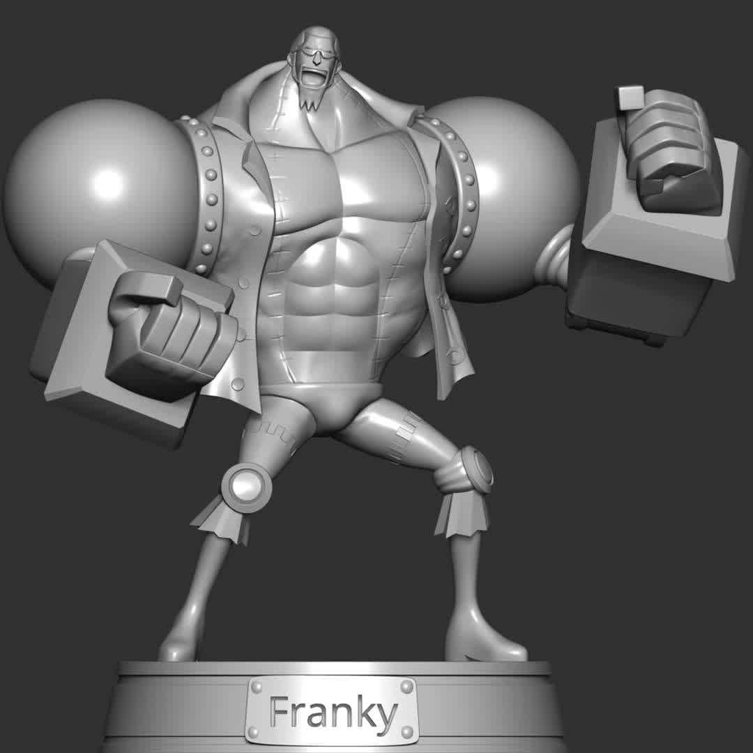 Franky - One Piece - **Iron Man Franky is the shipwright of the Straw Hat Pirates and one of the Senior Officers of the Straw Hat Grand Fleet.**

**The model ready for 3D printing.**

These information of model:

**- Format files: STL, OBJ to supporting 3D printing.**

**- Can be assembled without glue (glue is optional)**

**- Split down to 2 parts**

**- The height of current model is 20 cm and you can free to scale it.**

**- ZTL format for Zbrush for you to customize as you like.**

Please don't hesitate to contact me if you have any issues question.

If you see this model useful, please vote positively for it. - Los mejores archivos para impresión 3D del mundo. Modelos Stl divididos en partes para facilitar la impresión 3D. Todo tipo de personajes, decoración, cosplay, prótesis, piezas. Calidad en impresión 3D. Modelos 3D asequibles. Bajo costo. Compras colectivas de archivos 3D.