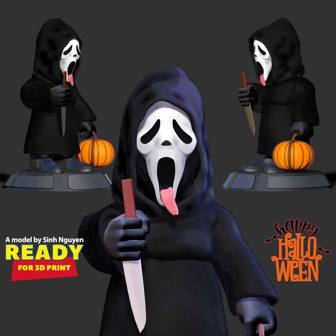 Ghostface - Let's go hunting this Halloween season :)))

Basic parameters:

- STL, OBJ format for 3D printing with 5 discrete objects
- ZTL format for Zbrush (version 2019.1.2 or later)
- Model height: 15cm
- Version 1.0 - Polygons: 817538 & Vertices: 475429

Model ready for 3D printing.

Please vote positively for me if you find this model useful. - The best files for 3D printing in the world. Stl models divided into parts to facilitate 3D printing. All kinds of characters, decoration, cosplay, prosthetics, pieces. Quality in 3D printing. Affordable 3D models. Low cost. Collective purchases of 3D files.