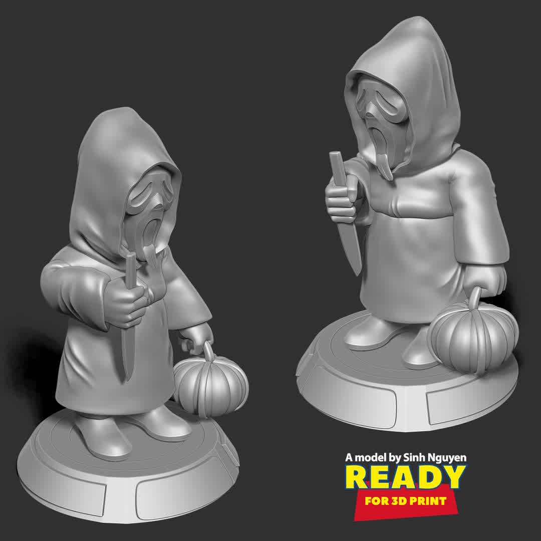 Ghostface - Let's go hunting this Halloween season :)))

Basic parameters:

- STL, OBJ format for 3D printing with 5 discrete objects
- ZTL format for Zbrush (version 2019.1.2 or later)
- Model height: 15cm
- Version 1.0 - Polygons: 817538 & Vertices: 475429

Model ready for 3D printing.

Please vote positively for me if you find this model useful. - The best files for 3D printing in the world. Stl models divided into parts to facilitate 3D printing. All kinds of characters, decoration, cosplay, prosthetics, pieces. Quality in 3D printing. Affordable 3D models. Low cost. Collective purchases of 3D files.