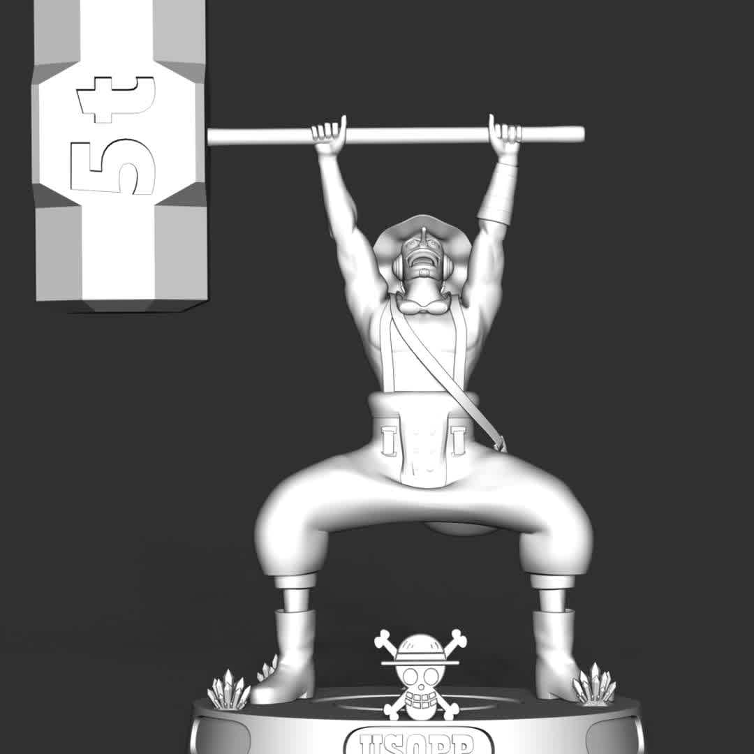 God Usopp - One Piece - "God" Usopp is the sniper of the Straw Hat Pirates and one of the Senior Officers of the Straw Hat Grand Fleet. He is the fourth member of the crew and the third to join.

These information of this model:
- The model ready for 3D printing.
- The model current size is 20cm height, but you are free to scale it.
- Files format: STL, OBJ (included 08 separated files is ready for 3D printing). 
- Also includes Zbrush original file (ZTL) for you to customize as you like.

Hope you like it.
If you have any questions please don't hesitate to contact me. I will respond you ASAP. - Os melhores arquivos para impressão 3D do mundo. Modelos stl divididos em partes para facilitar a impressão 3D. Todos os tipos de personagens, decoração, cosplay, próteses, peças. Qualidade na impressão 3D. Modelos 3D com preço acessível. Baixo custo. Compras coletivas de arquivos 3D.