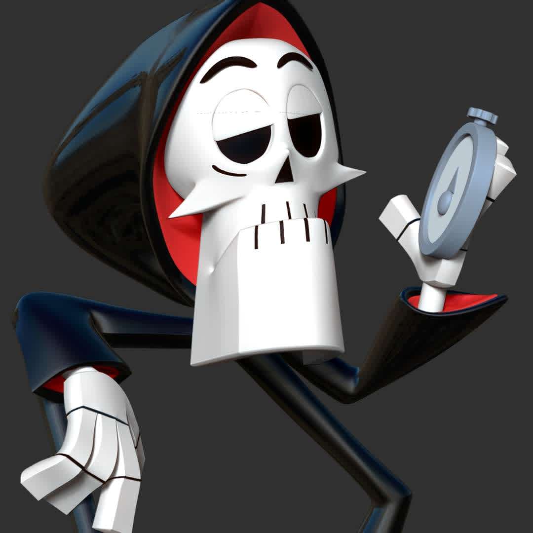 Grim Reaper - Cartoon Network  - "The Grim Reaper (or just Grim) is the titular main protagonist of the 2003 Cartoon Network animated TV series The Grim Adventures of Billy & Mandy."

Basic parameters:

- STL, OBJ format for 3D printing with 05 discrete objects
- ZTL format for Zbrush (version 2019.1.2 or later)
- Model height: 25cm
- Version 1.0 - Polygons: 1173744 & Vertices: 643852

Model ready for 3D printing.

Please vote positively for me if you find this model useful. - The best files for 3D printing in the world. Stl models divided into parts to facilitate 3D printing. All kinds of characters, decoration, cosplay, prosthetics, pieces. Quality in 3D printing. Affordable 3D models. Low cost. Collective purchases of 3D files.