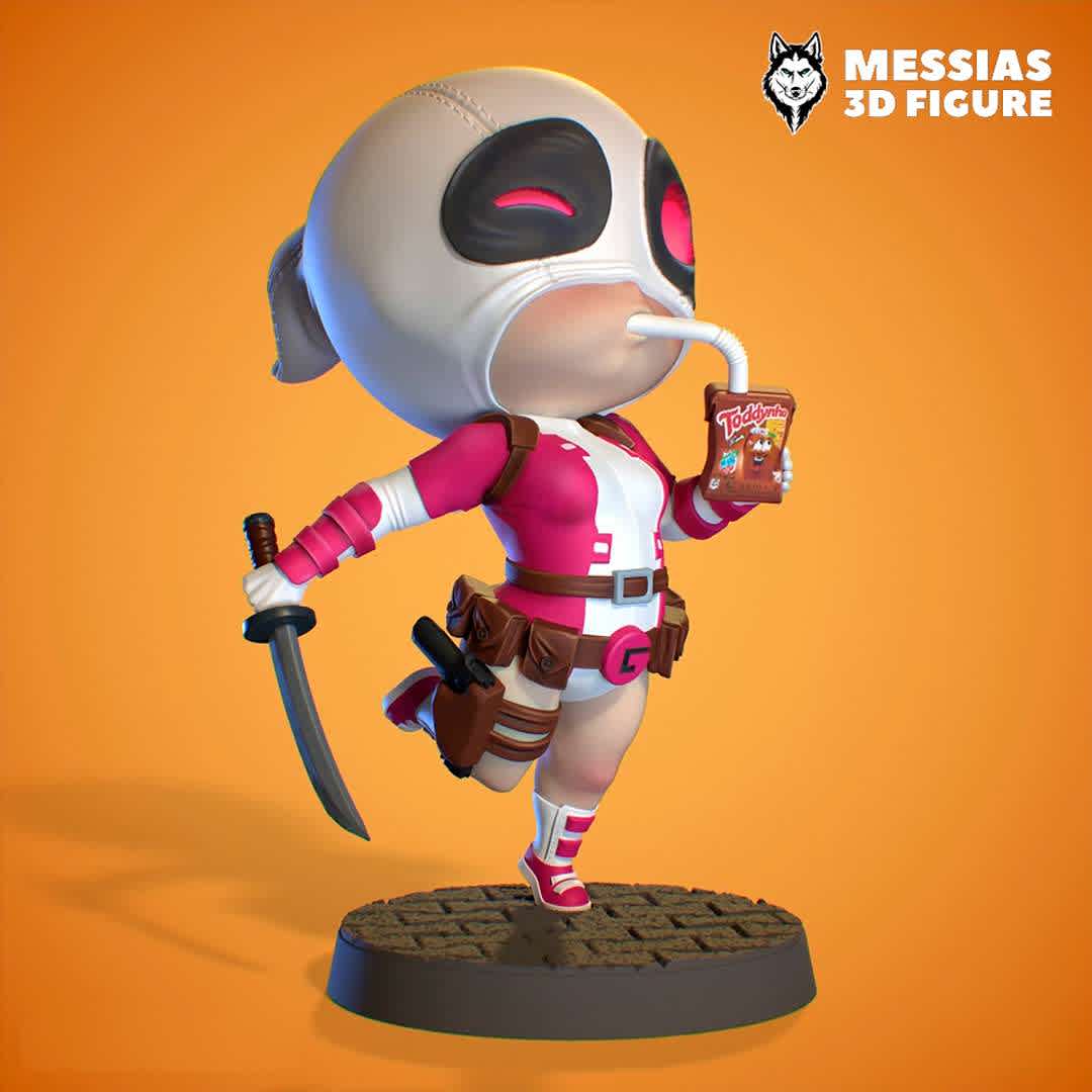 Gwenpool Chibi Figure 3D Print - Dive into Marvel Magic: 3D-Printed Chibi Gwenpool from Deadpool Now Available! Embark on a whimsical adventure with our digital 3D print files showcasing the delightful Chibi Gwenpool. Meticulously designed, these files allow you to bring the playful and irreverent charm of Gwenpool to life through the marvel of 3D printing.

Immerse yourself in creativity as you customize size, color, and materials to match your unique style. Whether you're a Marvel fanatic, a collector, or simply adore the quirky appeal of Chibi characters, this digital creation captures the essence of Gwenpool's unique blend of Deadpool's madness and Gwen Stacy's charm.

Be among the exclusive few to own this extraordinary 3D-printed masterpiece, seamlessly blending technology with the captivating esthetics of Chibi Gwenpool. Order now and add this dynamic figure to your collection, creating a focal point that embodies the spirit of Marvel's playful yet extraordinary universe. - Os melhores arquivos para impressão 3D do mundo. Modelos stl divididos em partes para facilitar a impressão 3D. Todos os tipos de personagens, decoração, cosplay, próteses, peças. Qualidade na impressão 3D. Modelos 3D com preço acessível. Baixo custo. Compras coletivas de arquivos 3D.