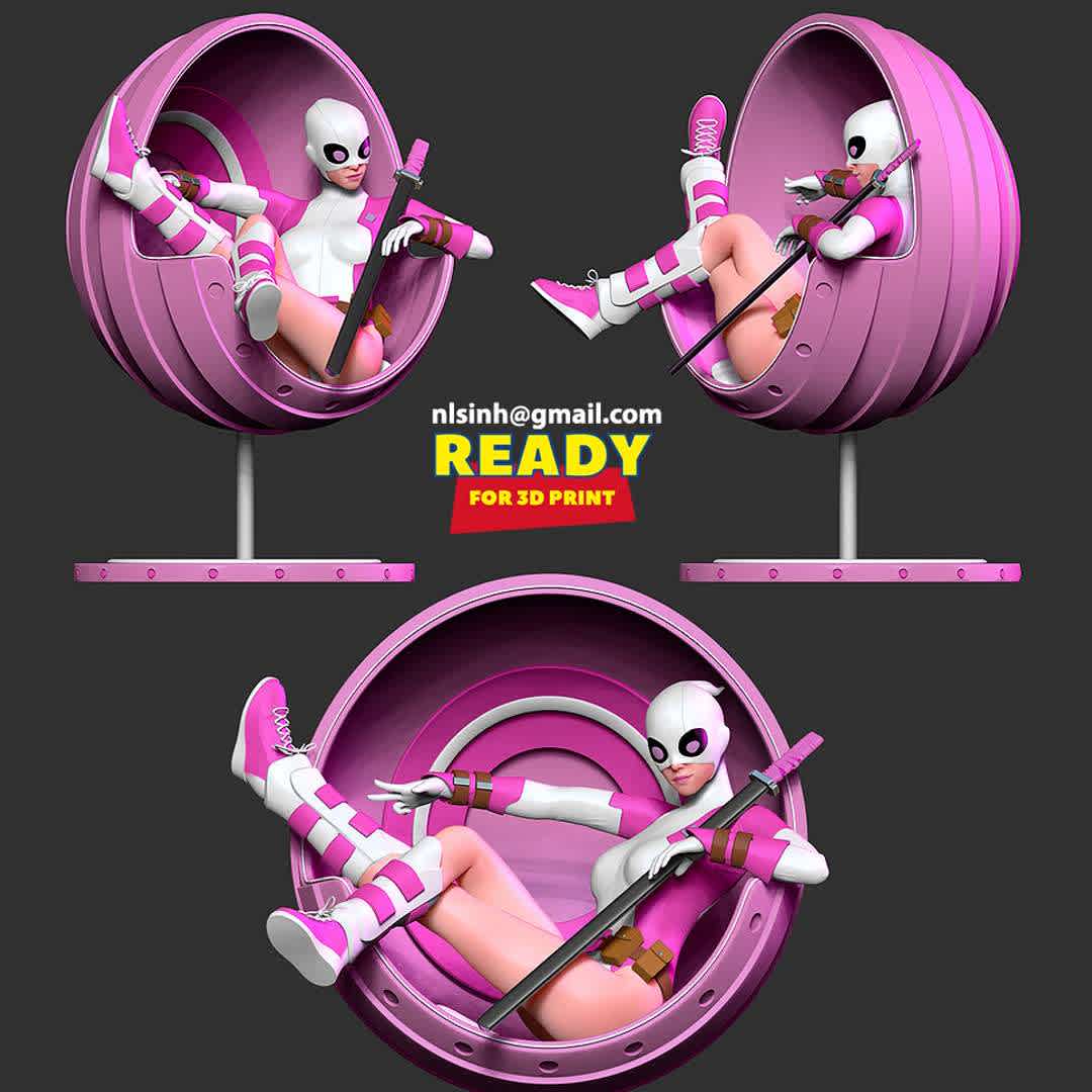 GwenPool Fanart - Gwenpool is a fictional character appearing in American comic books published by Marvel Comics.

When you purchase this model, you will own:

-STL, OBJ file with 06 separated files (with key to connect together) is ready for 3D printing.

-Zbrush original files (ZTL) for you to customize as you like.

This is version 1.1 of this model.

Hope you like her. Thanks for viewing! - Os melhores arquivos para impressão 3D do mundo. Modelos stl divididos em partes para facilitar a impressão 3D. Todos os tipos de personagens, decoração, cosplay, próteses, peças. Qualidade na impressão 3D. Modelos 3D com preço acessível. Baixo custo. Compras coletivas de arquivos 3D.