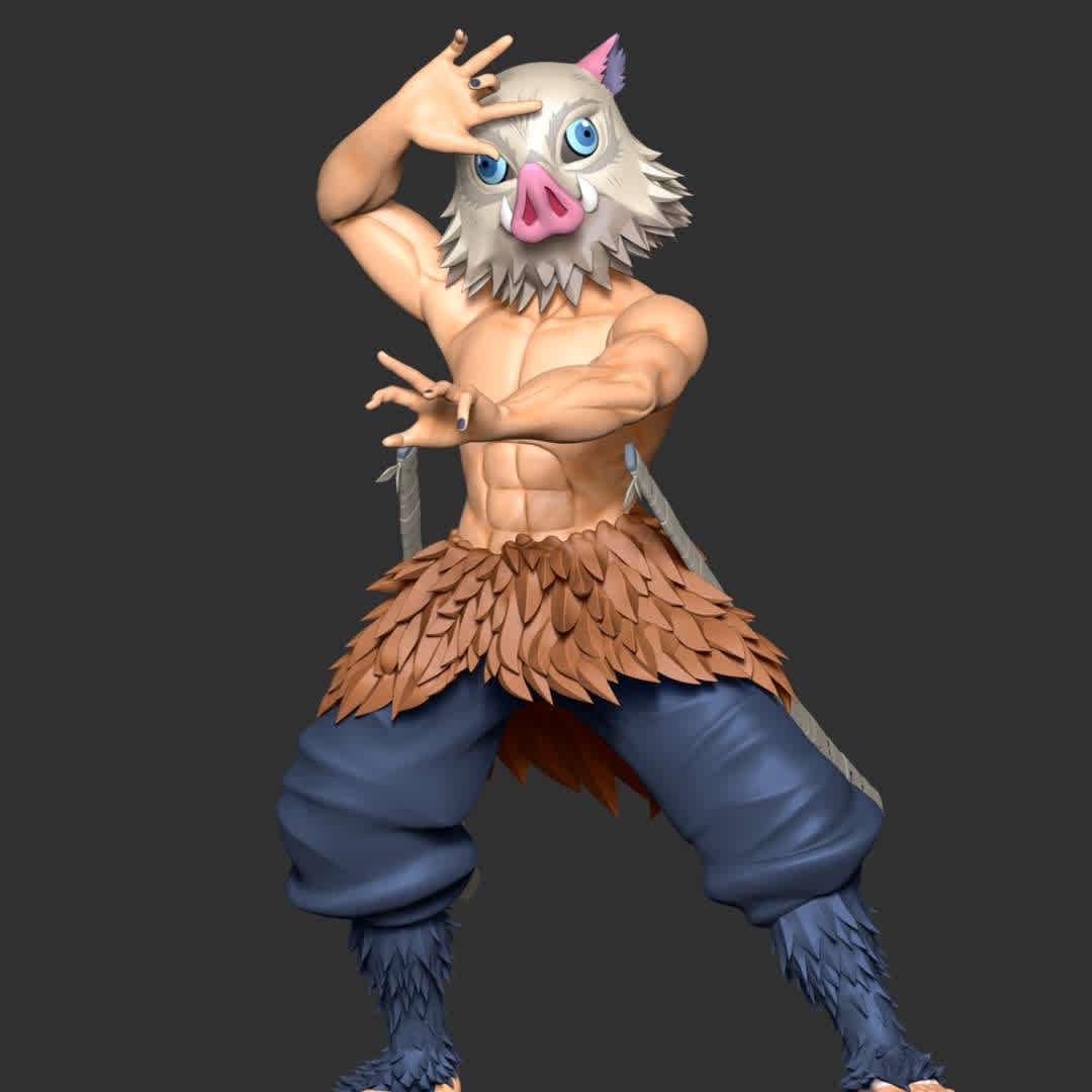 Inosuke Hashibira Boar Face Mask - **Inosuke Hashibira is one of the main characters of Demon Slayer: Kimetsu no Yaiba.**

**This is the model include 2 head: boar face mask & face no mask. So you can use & switch between them**

**The model ready for 3D printing.**

These information of model:

**- Format files: STL, OBJ to supporting 3D printing.**

**- Can be assembled without glue (glue is optional)**

**- Split down to 6 parts**

**- The height of current model is 20 cm and you can free to scale it.**

**- ZTL format for Zbrush for you to customize as you like.**

Please don't hesitate to contact me if you have any issues question.

If you see this model useful, please vote positively for it. - Los mejores archivos para impresión 3D del mundo. Modelos Stl divididos en partes para facilitar la impresión 3D. Todo tipo de personajes, decoración, cosplay, prótesis, piezas. Calidad en impresión 3D. Modelos 3D asequibles. Bajo costo. Compras colectivas de archivos 3D.