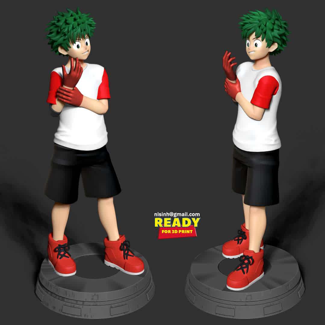 Izuku Midoriya - Izuku Midoriya (緑みどり谷や出いず久く Midoriya Izuku?), also known as Deku (デク Deku?), is the main protagonist of the My Hero Academia manga and anime series.

When you purchase this model, you will own:

- STL file with 05 separated files (with key to connect together) is ready for 3D printing.

- Zbrush original files (ZTL) for you to customize as you like. (DM me if you want)

This is version 1.0 of this model.

Hope you like him. Thanks for viewing! - Los mejores archivos para impresión 3D del mundo. Modelos Stl divididos en partes para facilitar la impresión 3D. Todo tipo de personajes, decoración, cosplay, prótesis, piezas. Calidad en impresión 3D. Modelos 3D asequibles. Bajo costo. Compras colectivas de archivos 3D.