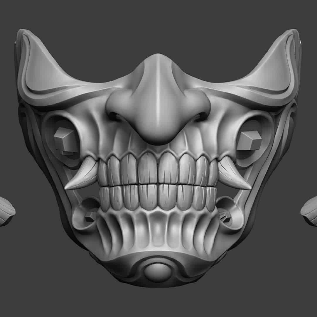 Japanese Noh Oni Half Mask 2 3D print model - This is a 3D STL file for CNC machine, that is compatible with Aspire, Artcam, and also other platforms that support the STL format(Blender, Zbrush, Maya, etc...) File for print it personally on a 3d printer. The size of this design is adjustable to your needs. After Payment You will get directly the link to Download This design was made by the Maskitto team. All the rights belong to the creators, therefore, it is forbidden to resell nor share this design as a digital file. However, you are allowed to sell the product that you carve in wood or other material on your CNC from our file Feel free to contact for every issue or information.The Mask is sized for a standard adult's head. Print size mask without claws: length - 155 mm/ width - 170 mm/ height - 135 mm Recommended settings for printing:Print with at least 15-20% infill,Layer Height 0.1 - 0.16 mm - The best files for 3D printing in the world. Stl models divided into parts to facilitate 3D printing. All kinds of characters, decoration, cosplay, prosthetics, pieces. Quality in 3D printing. Affordable 3D models. Low cost. Collective purchases of 3D files.